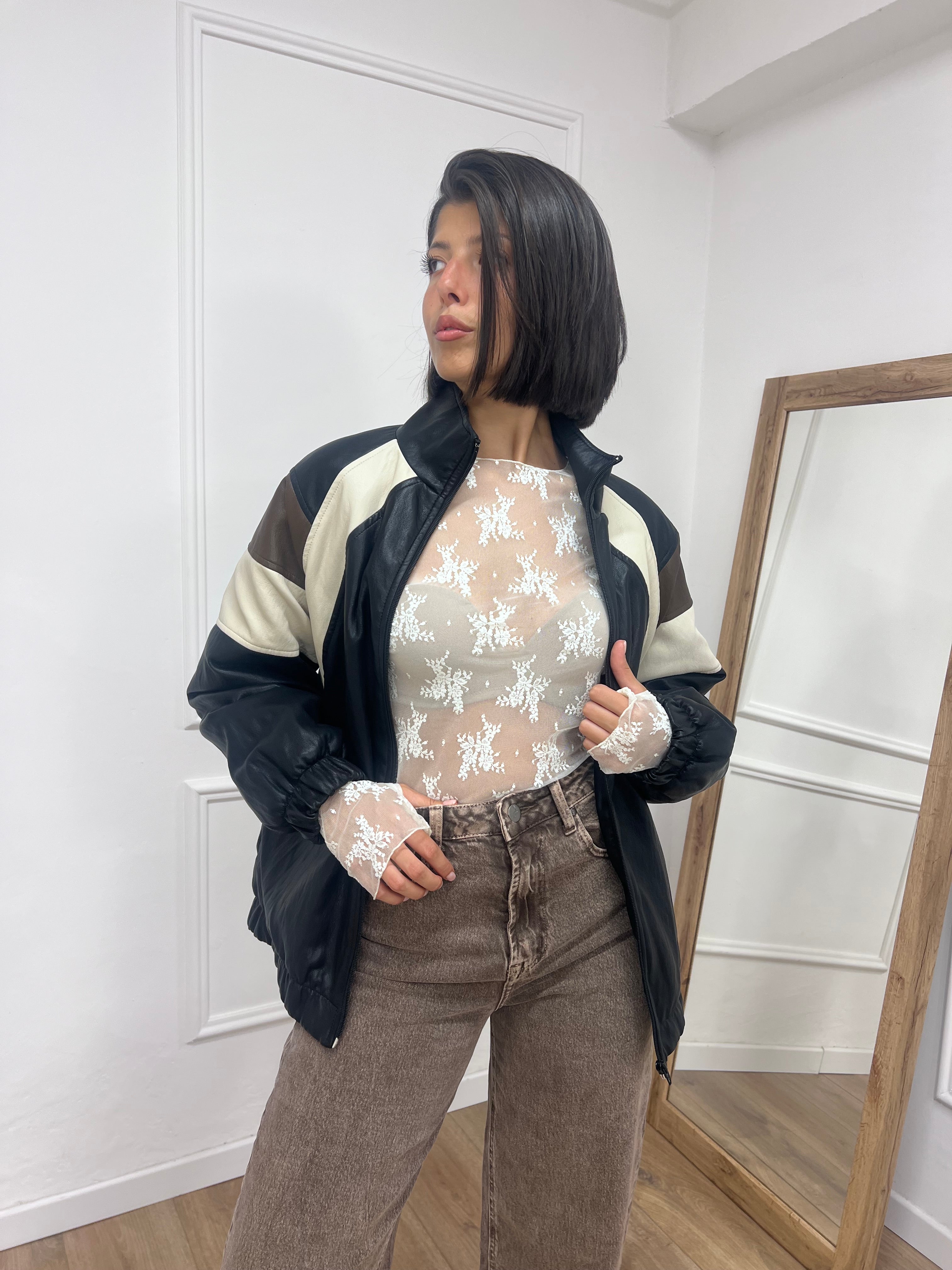 BOMBER LUNGO INSERTI TRE COLORI ADELE NERO SISY MIX