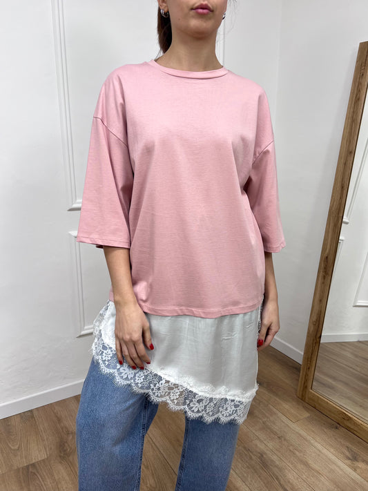 SUSY MIX MAGLIA T-SHIRT OVER CON PIZZO SATIN MARIKA ROSA