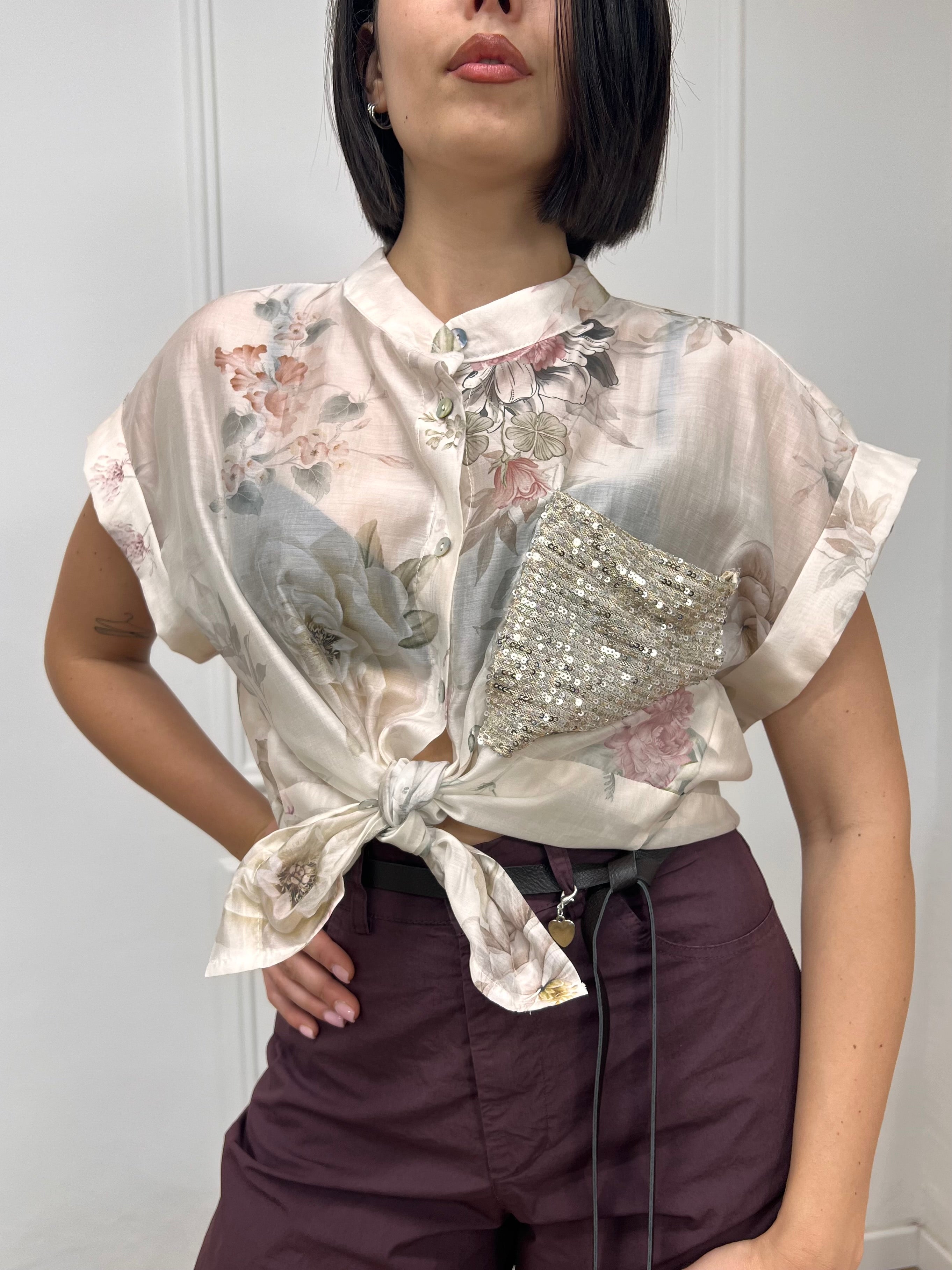 BLUSA BOTTONI TASCA PAILLETTES FIORI LINDA LATTE SUSY MIX