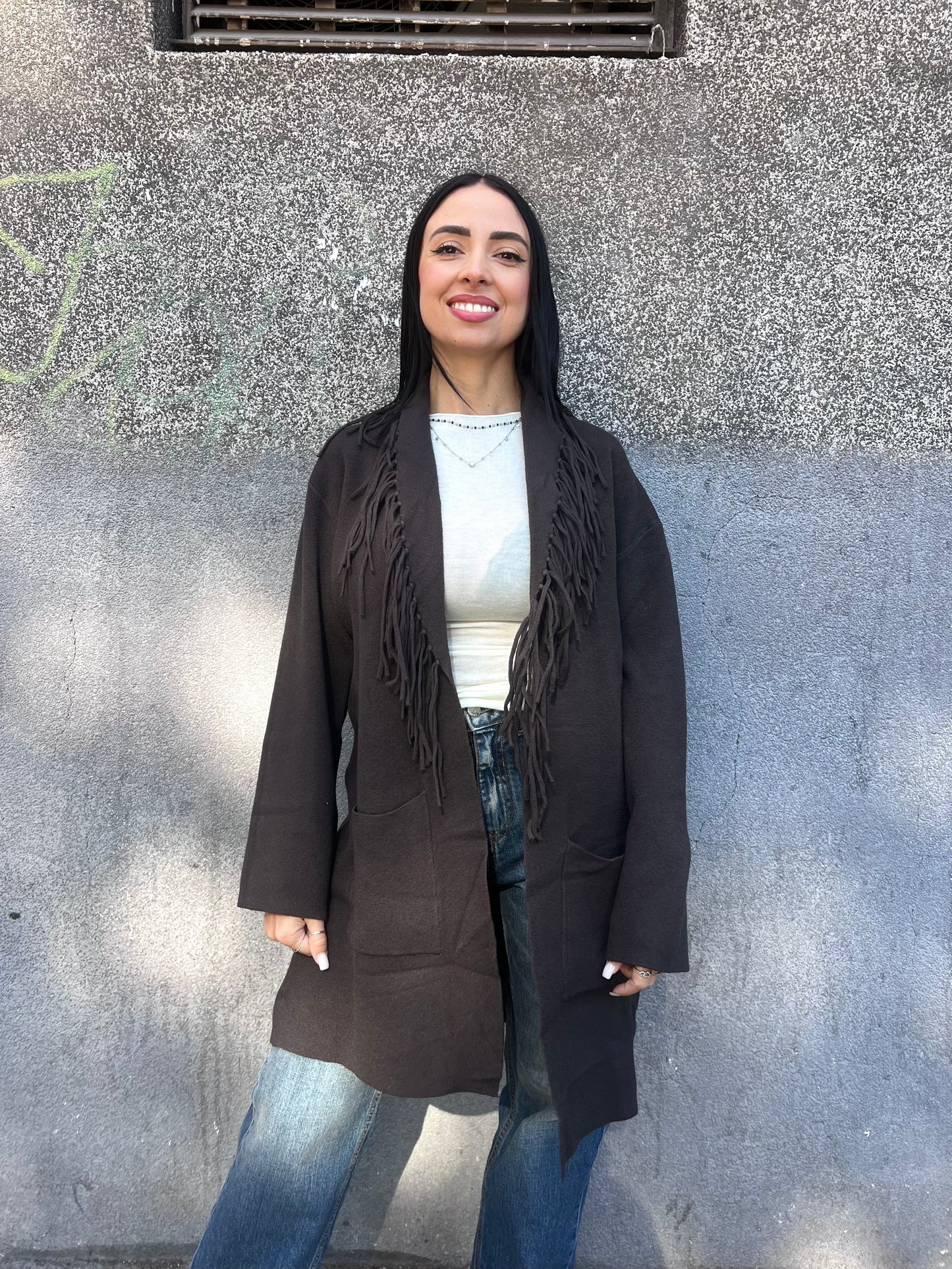 SUSY MIX CARDIGAN FRANGE MANOLA CIOCCOLATO