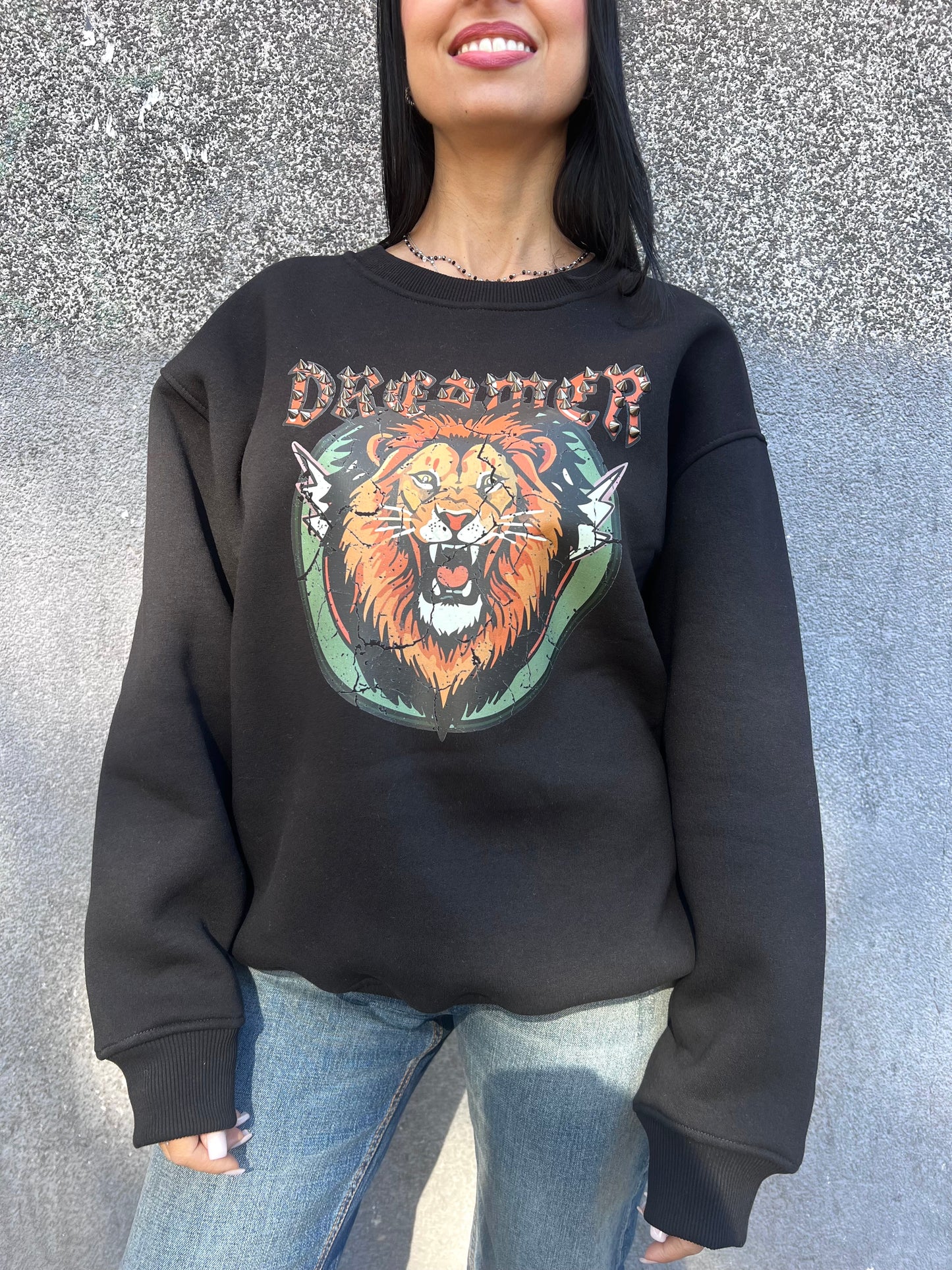 SUSY MIX FELPA GIROCOLLO STAMPA “LION” NERO