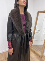 CAPPOTTO LUNGO ECOPELLE COLLO PELLICCIA MORO SUSY MIX
