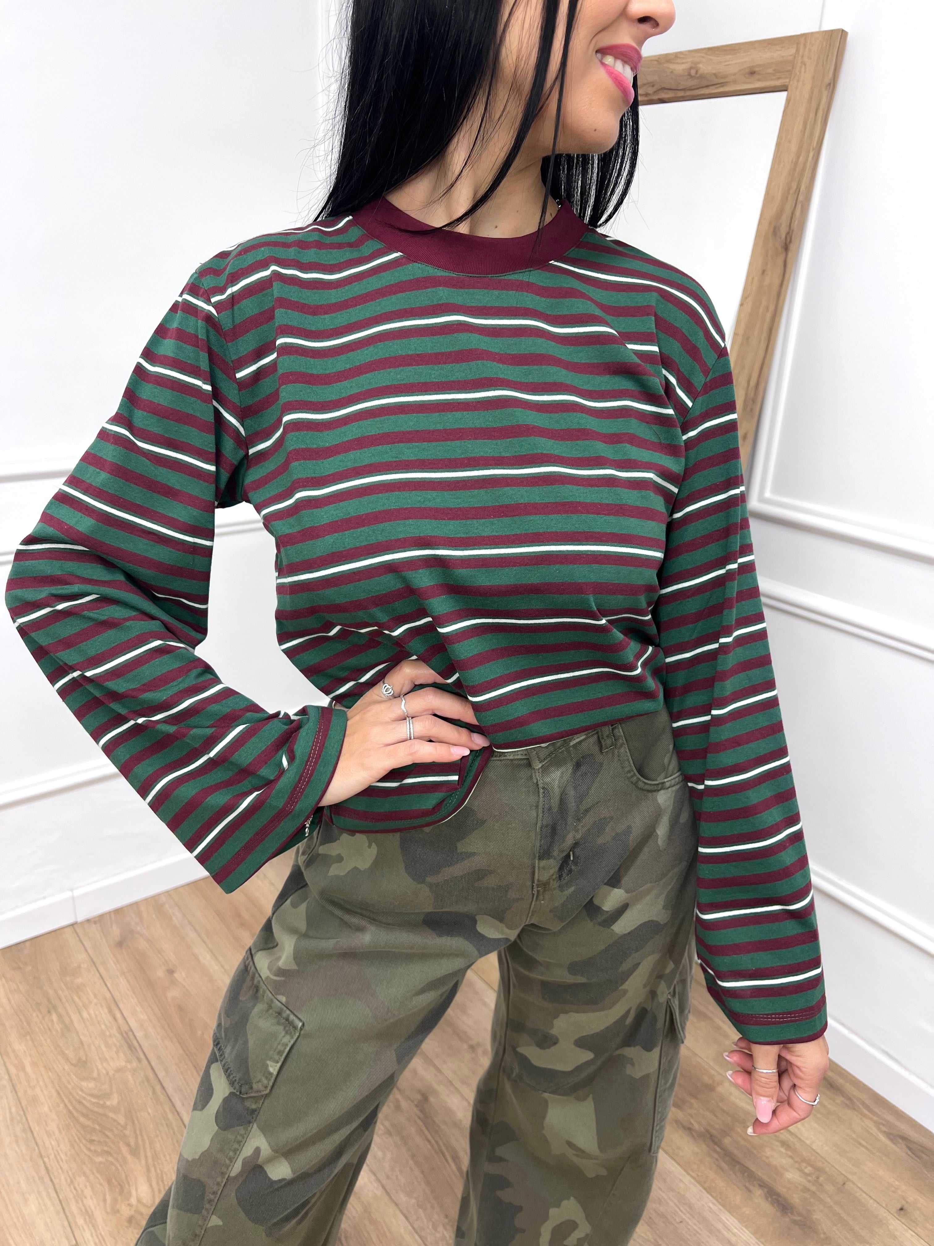 T-SHIRT GIROCOLLO RIGATA MANICA CAMPANA VERDE SUSY MIX