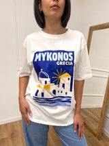 T-SHIRT LUNGA OVER STAMPA MYKONOS BIANCO SUSY MIX