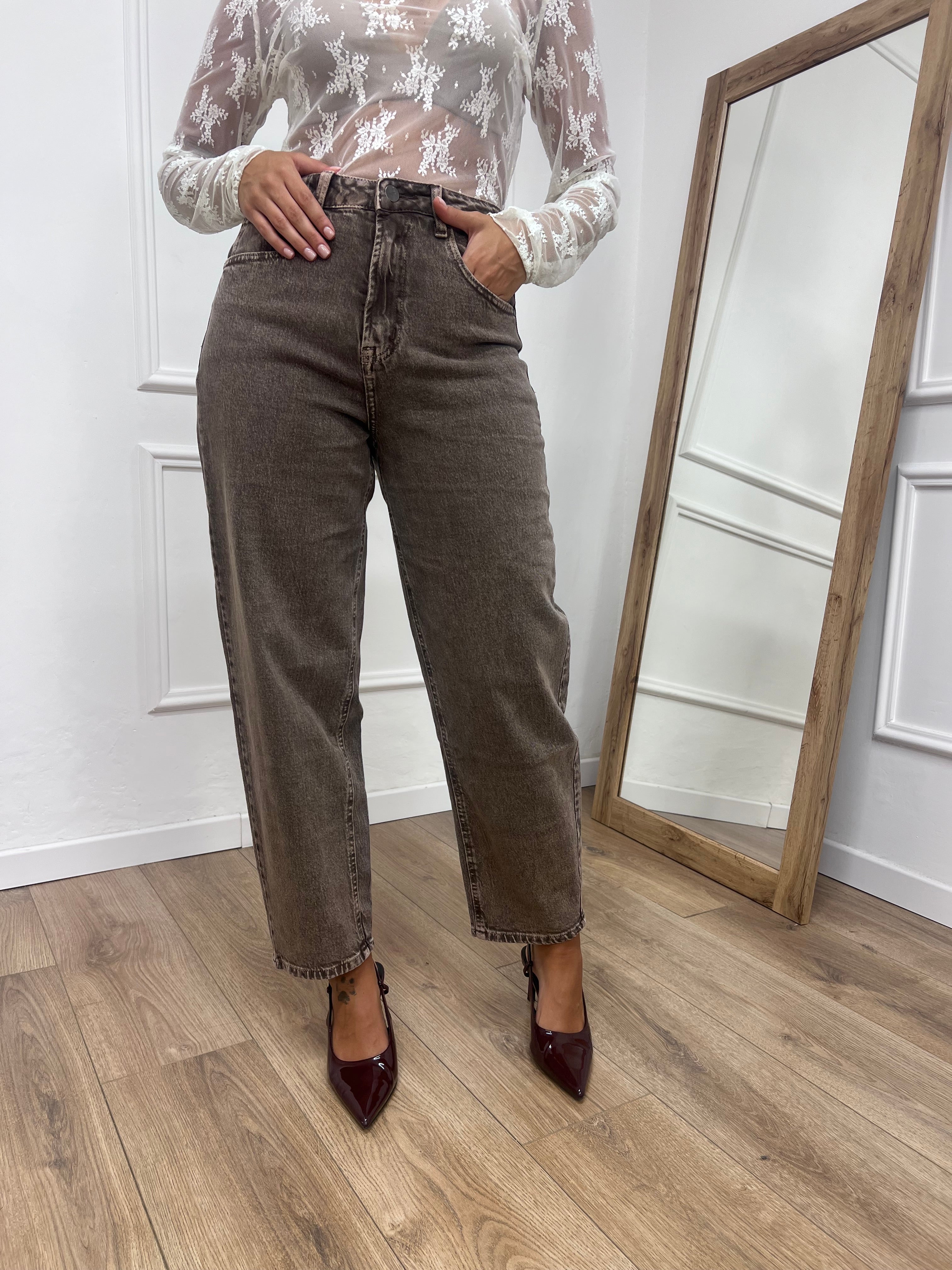 DENIM VITA REGOLARE BARREL CROPPED CINZIA MOKA