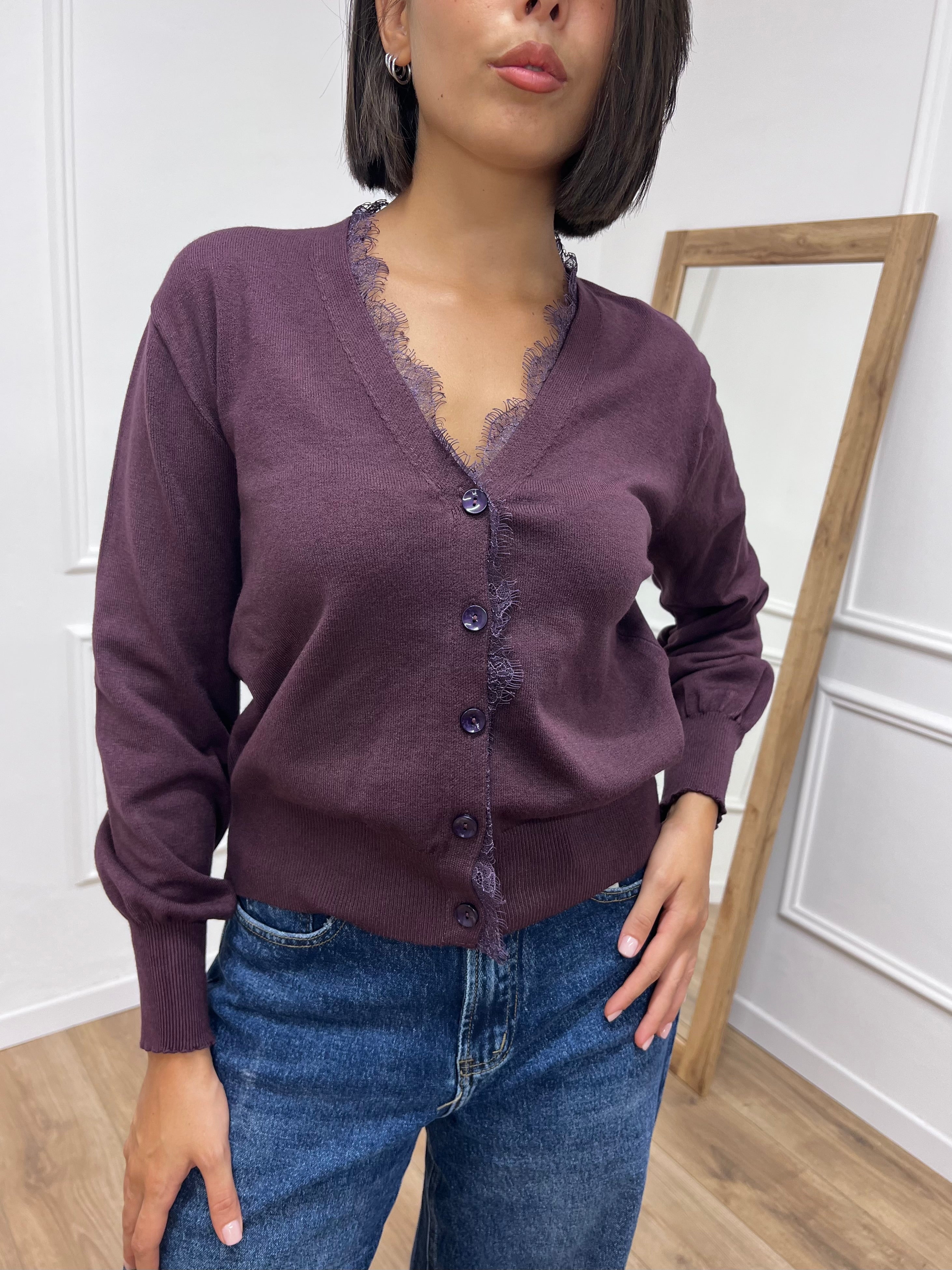CARDIGAN SCOLLO V PROFILO PIZZO IDA VINO SUSY MIX