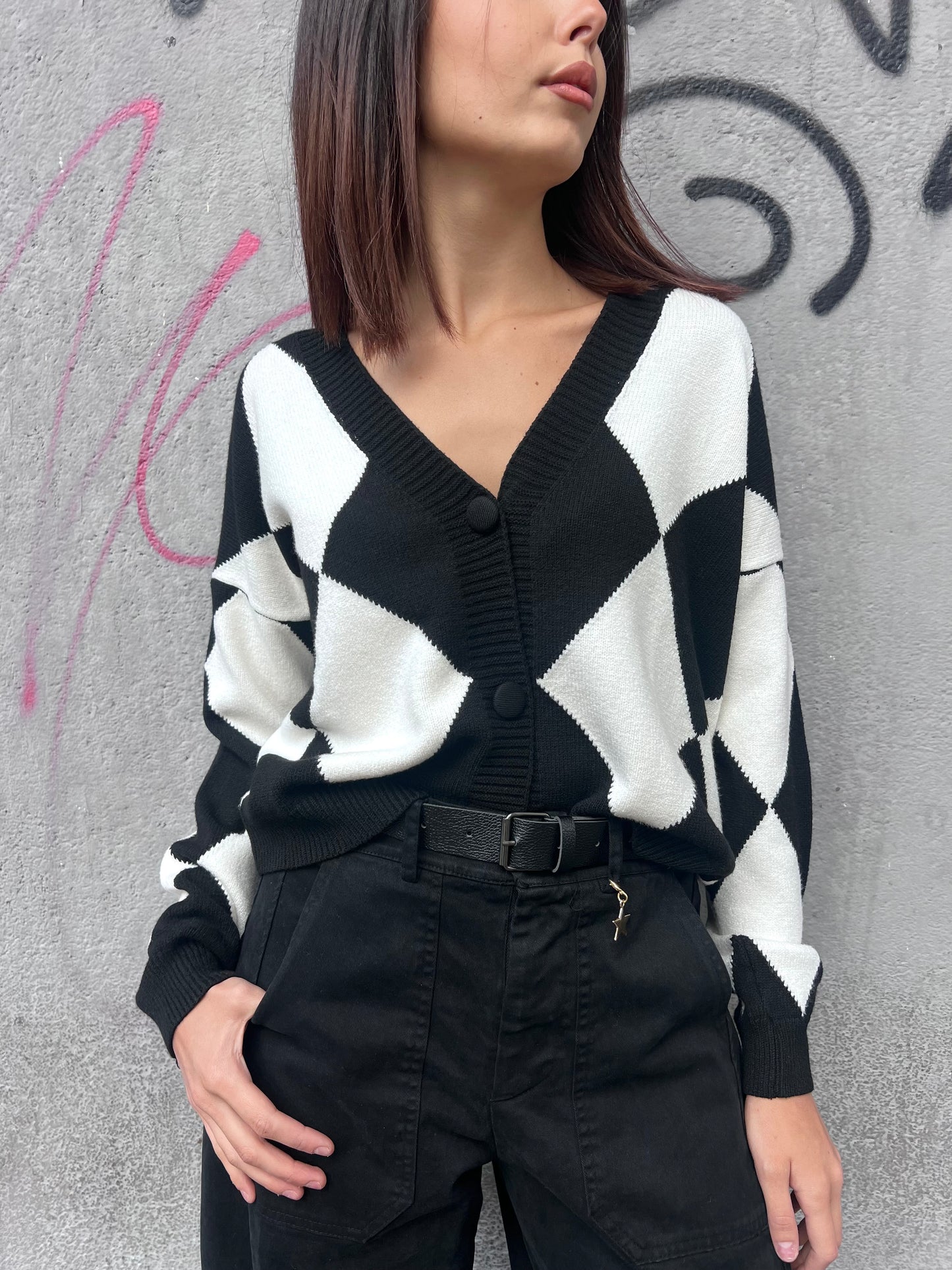 SUSY MIX CARDIGAN SCOLLO V ROMBI ANGY BIANCO