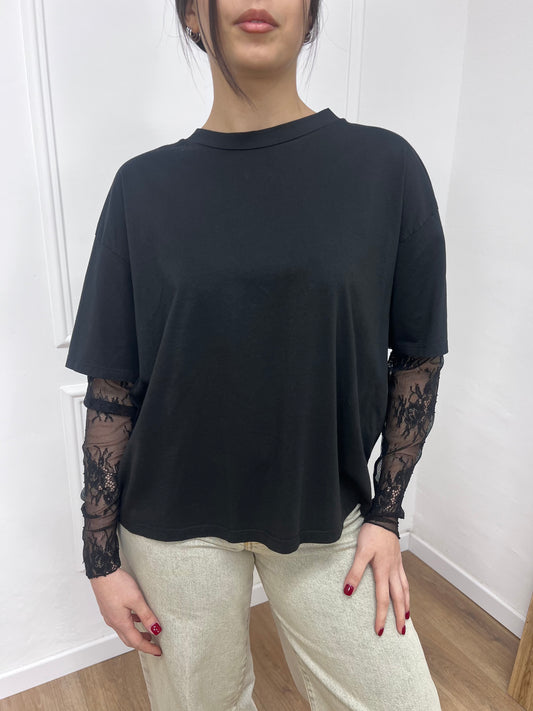 SUSY MIX T-SHIRT MANICA PIZZO IOLANDA NERO