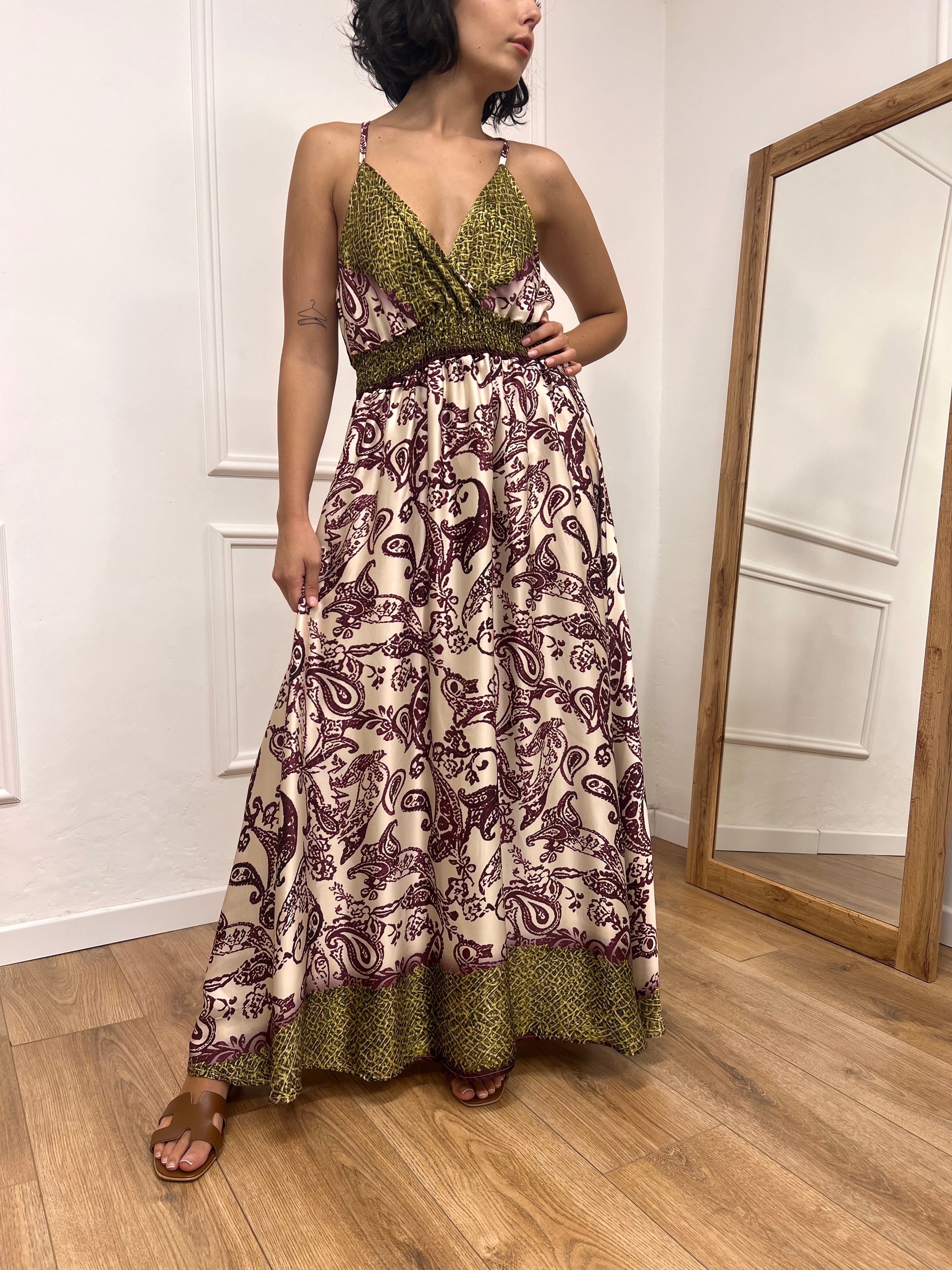 ABITO LUNGO SCOLLO SATIN FANTASIA FICO SUSY MIX
