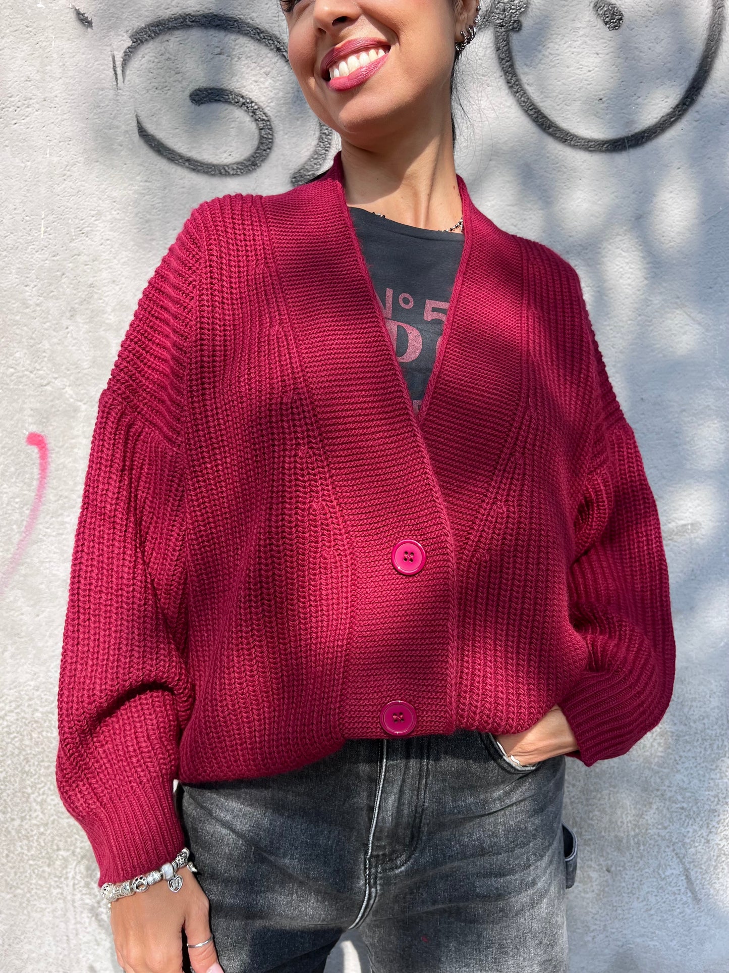 SUSY MIX CARDIGAN SCOLLO V BOTTONI YARI BURGUNDY