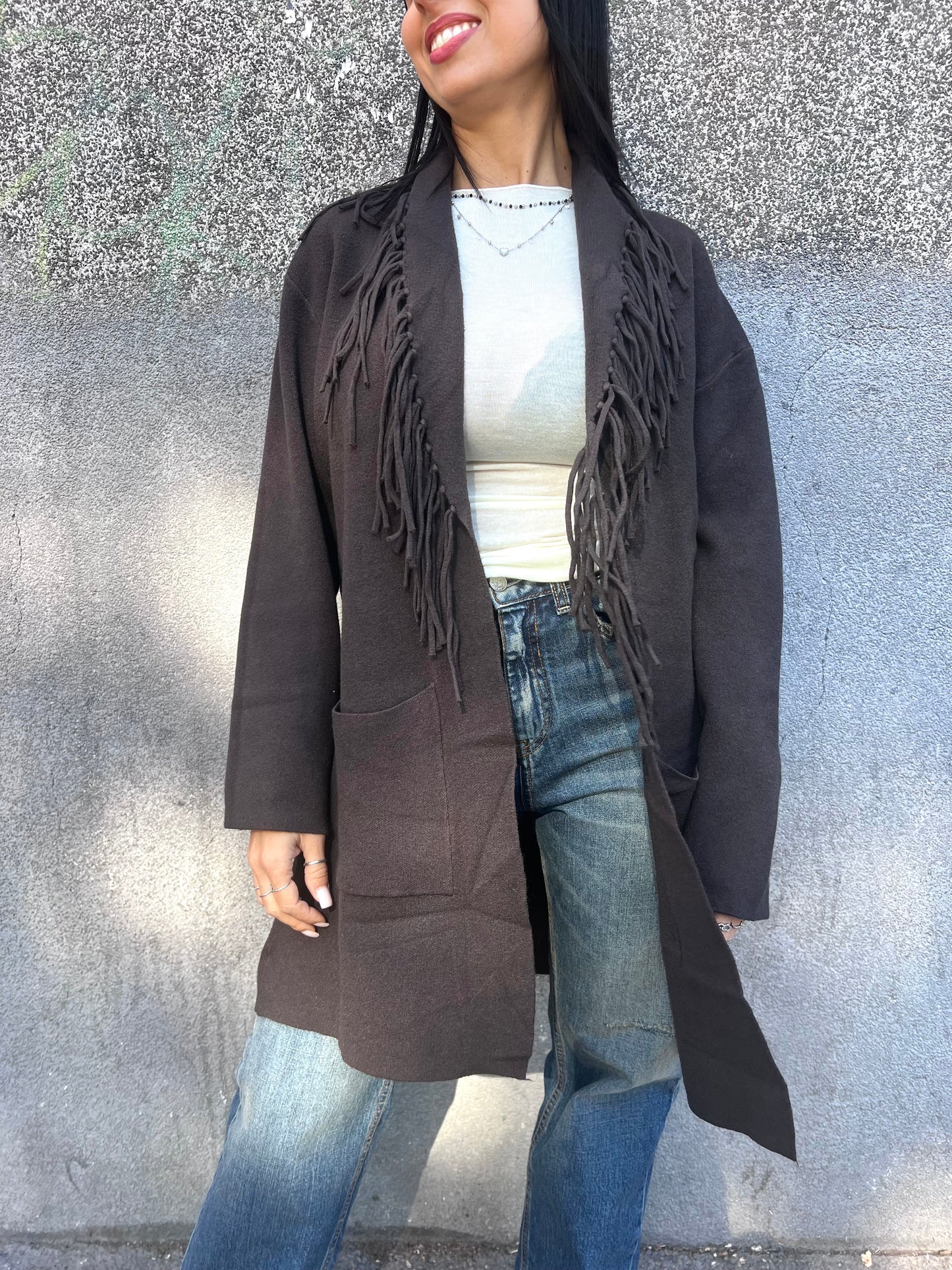 SUSY MIX CARDIGAN FRANGE MANOLA CIOCCOLATO