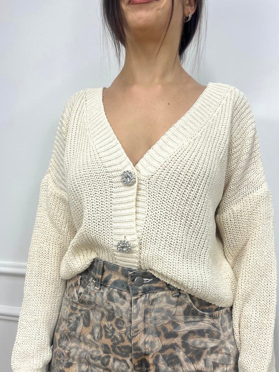 SUSY MIX CARDIGAN CROP FILO BOTTONI GIOIELLO MORENA CREMA