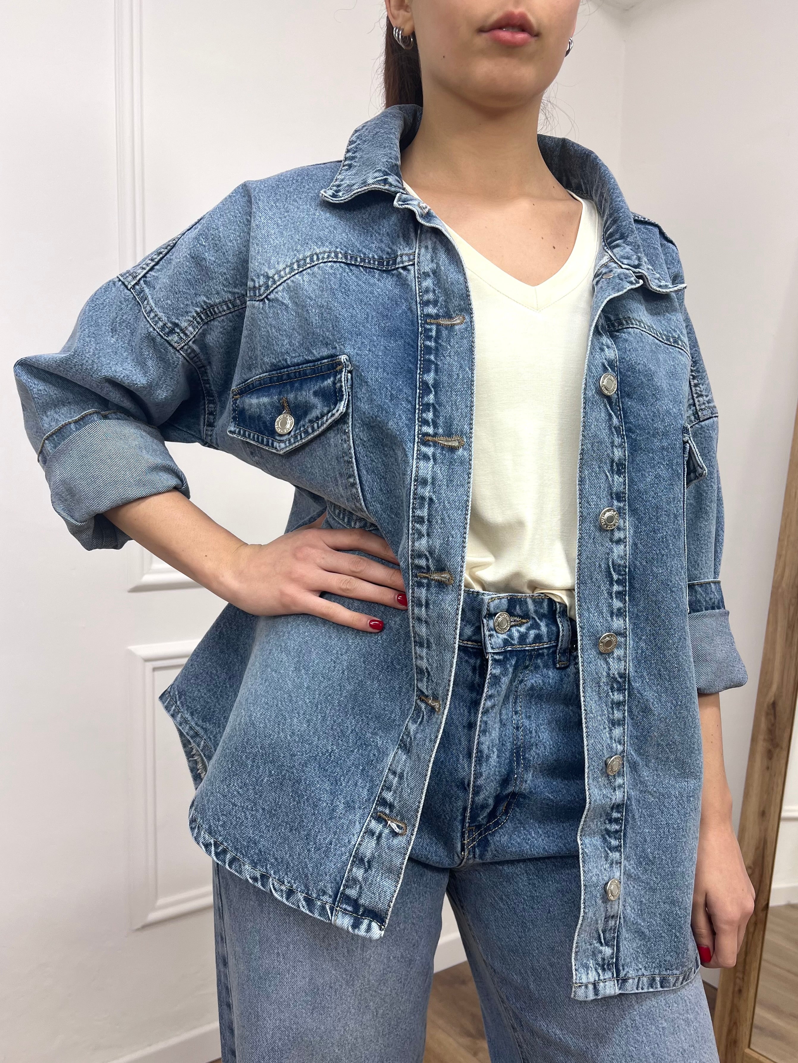 GIACCA CAMICIA DENIM TASCHE ARIANNA LIGHT BLU SUSY MIX