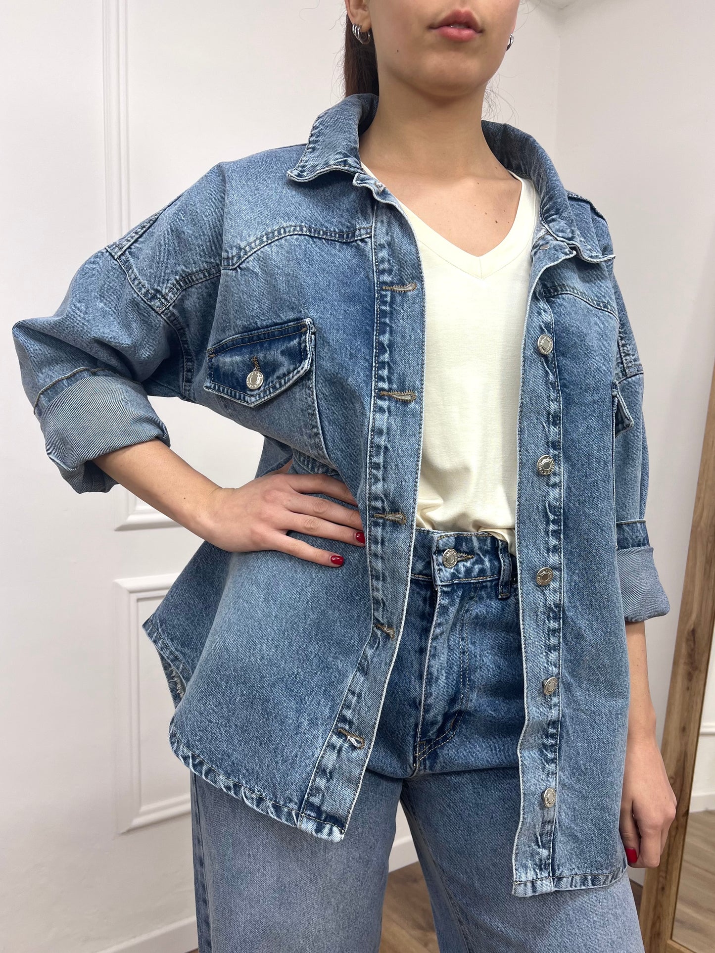 SUSY MIX GIACCA CAMICIA DENIM TASCHE ARIANNA LIGHT BLU