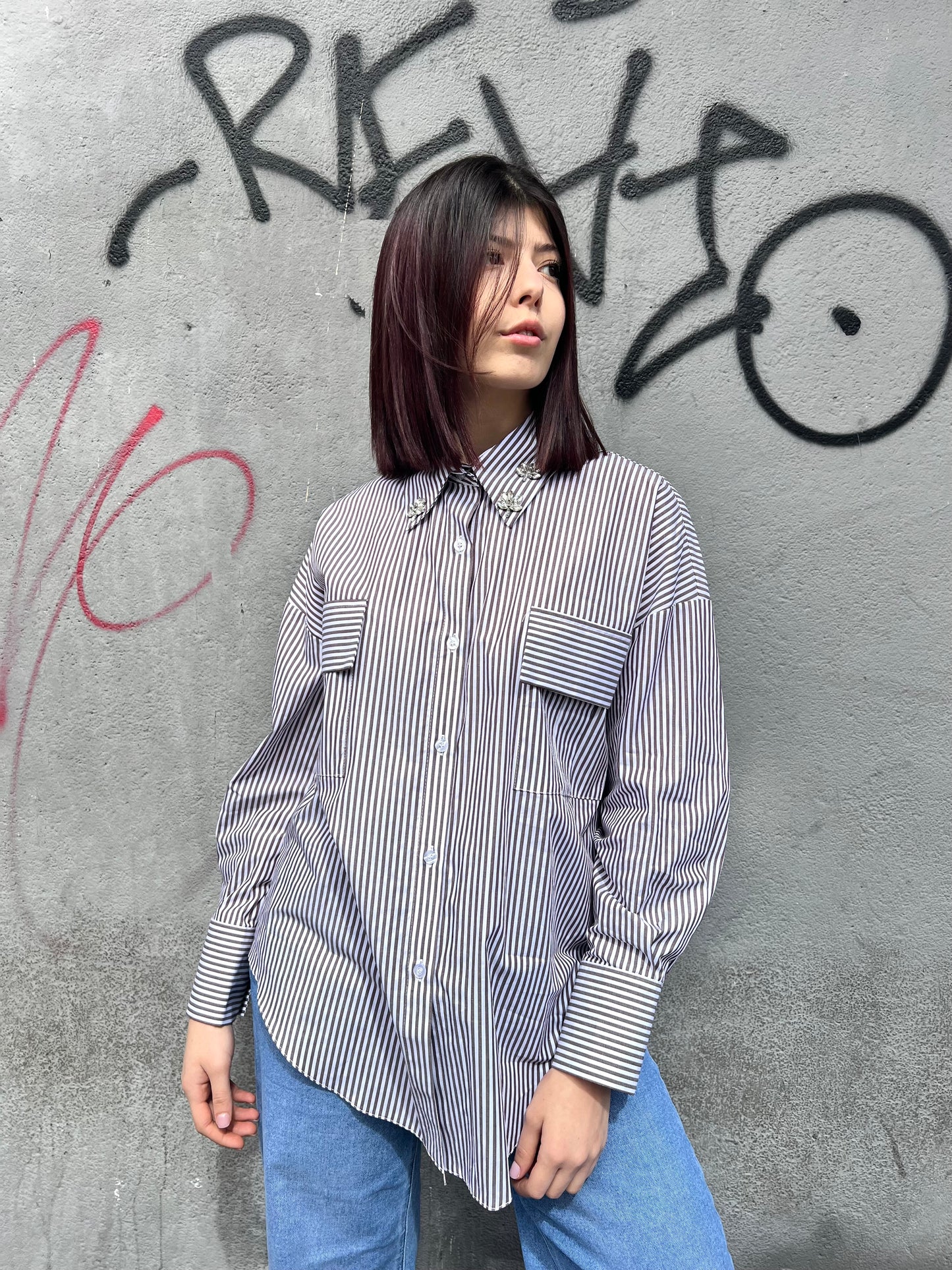 SUSY MIX CAMICIA OVER RIGHE GIOIELLO BARBARA MOKA
