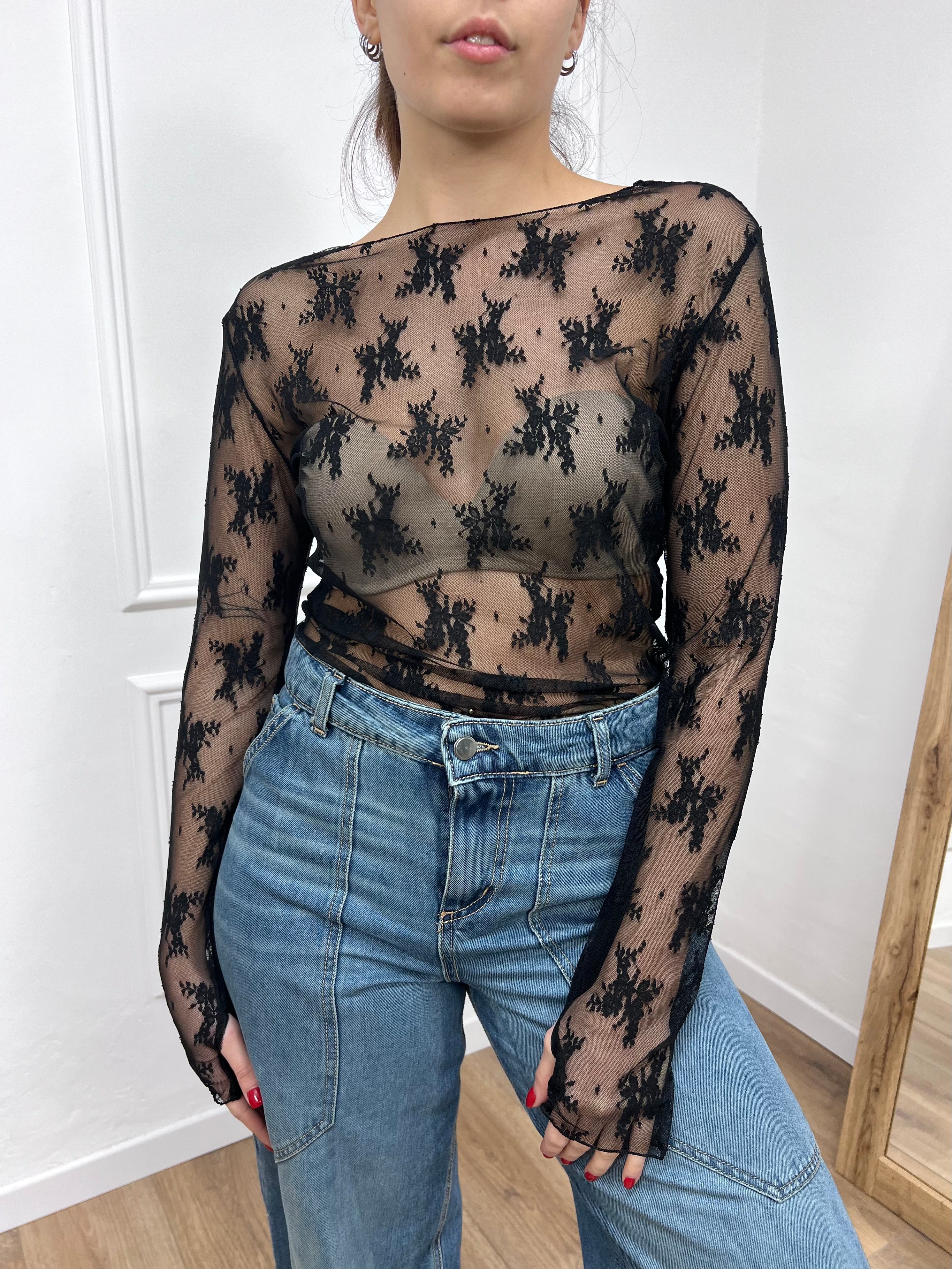 MAGLIA PIZZO MANICOTTI ROBERTA NERO SUSY MIX