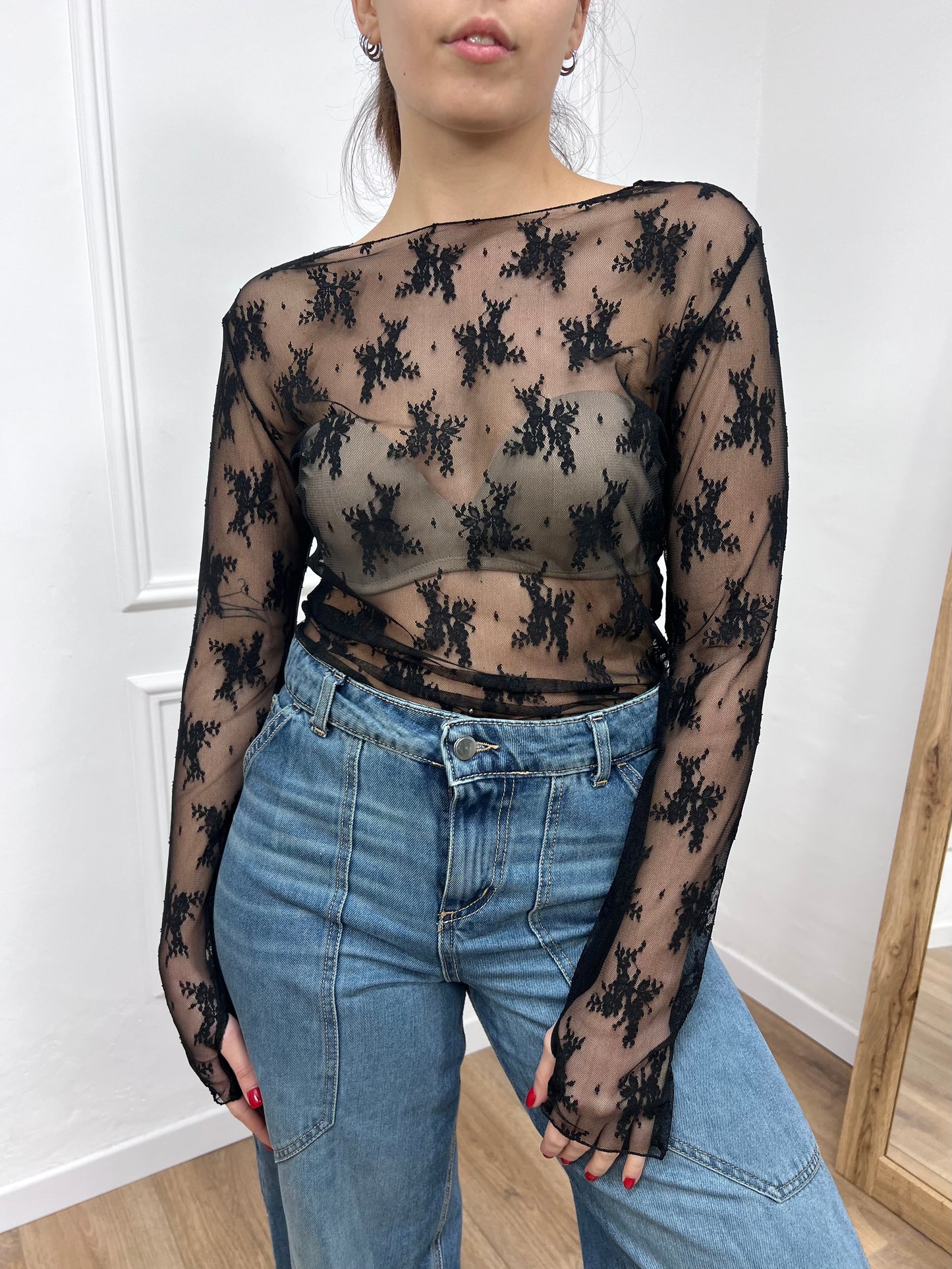 SUSY MIX MAGLIA PIZZO MANICOTTI ROBERTA NERO