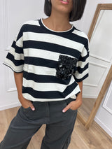 MAGLIA GIRO RIGHE TASCA PAILLETTES NERO ELE SUSY MIX