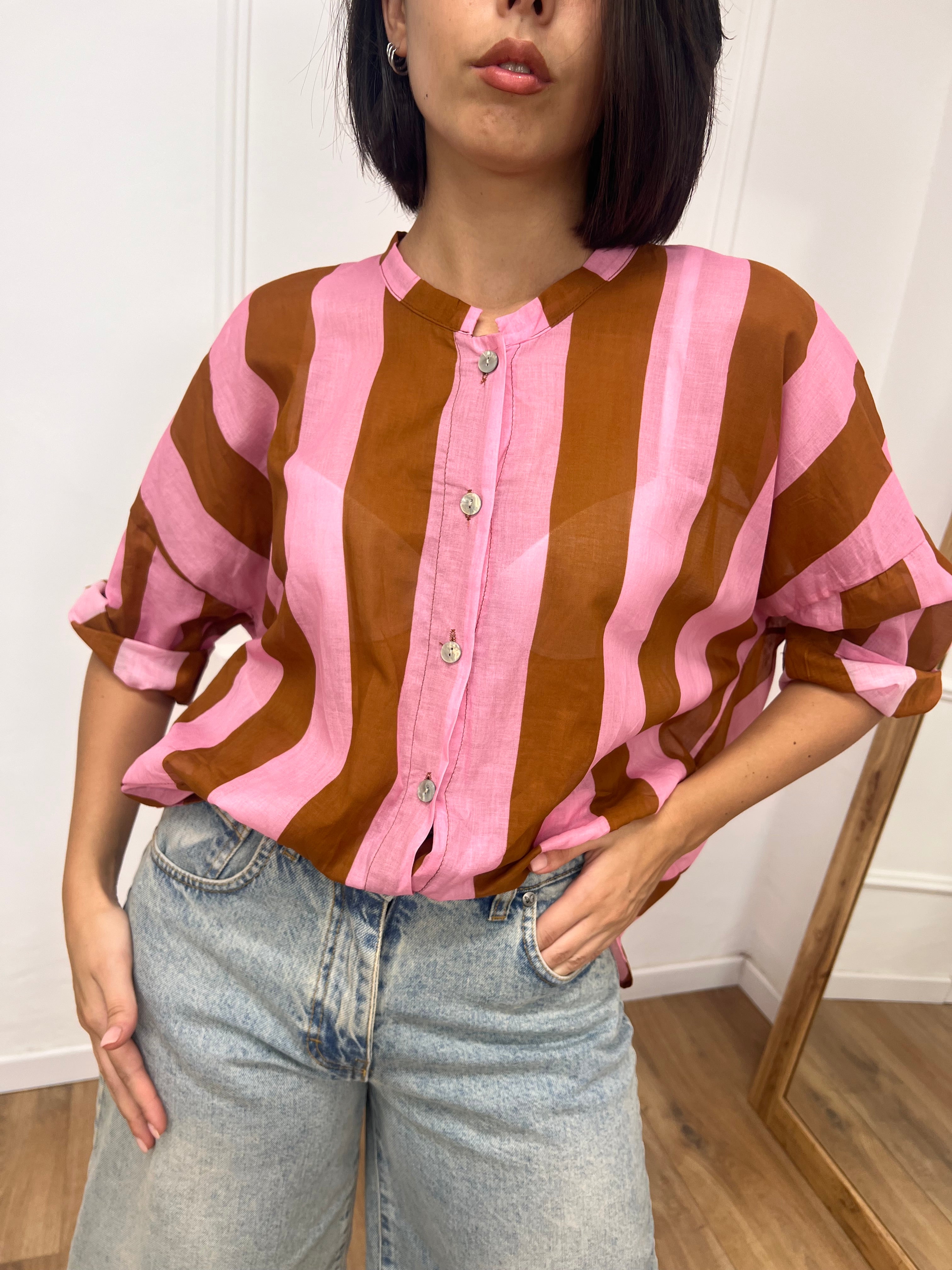 CAMICIA MUSSOLA COREANA RIGHE ROSA/TABACCO