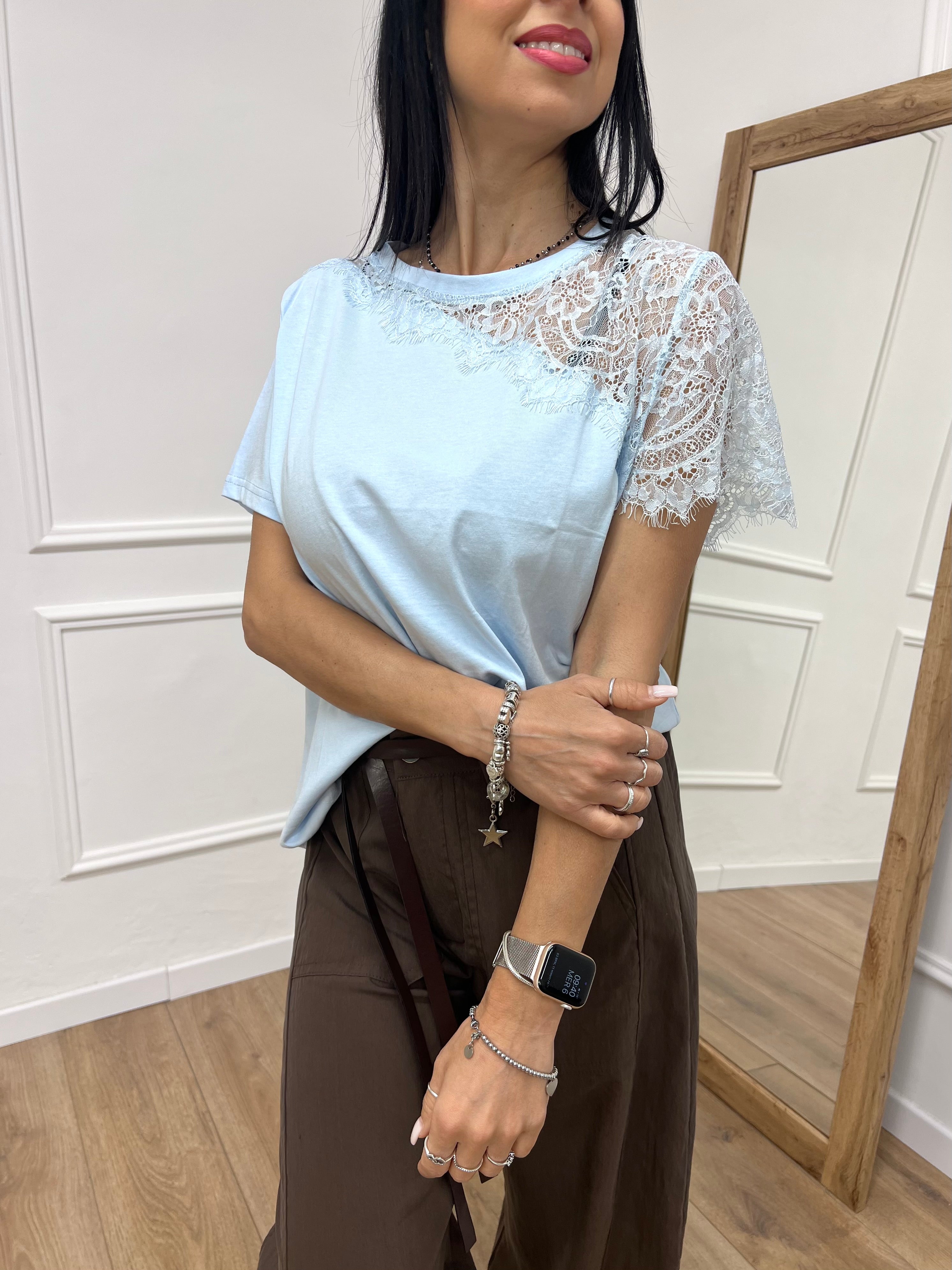 T-SHIRT M/C INSERTO PIZZO ROSITA CIELO SUSY MIX