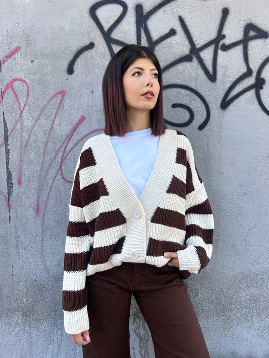 SUSY MIX CARDIGAN OVER RIGHE MARGHE MOKA