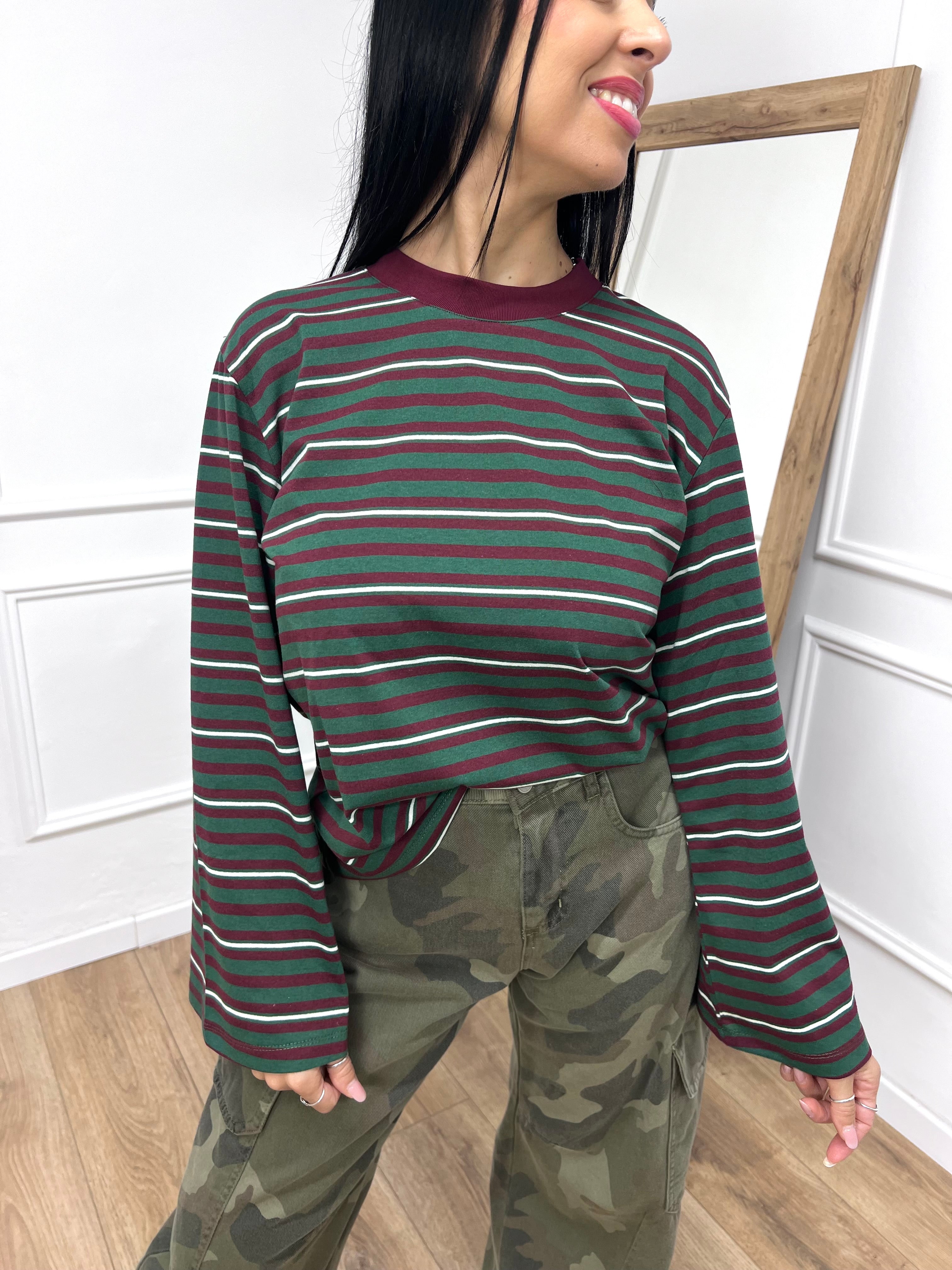 T-SHIRT GIROCOLLO RIGATA MANICA CAMPANA VERDE SUSY MIX
