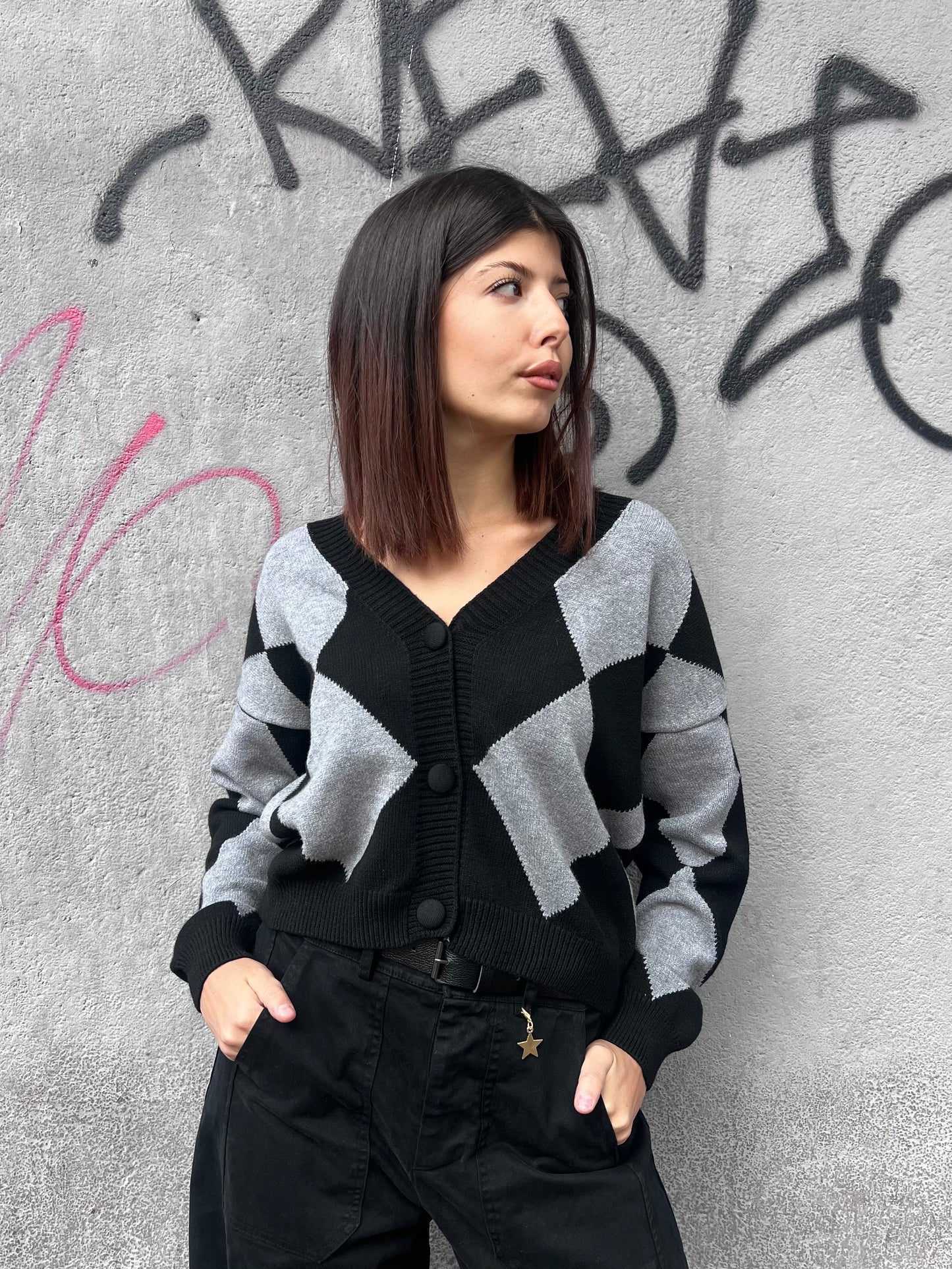 SUSY MIX CARDIGAN SCOLLO V ROMBI ANGY GRIGIO