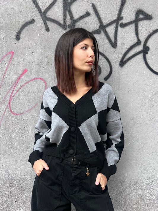 SUSY MIX CARDIGAN SCOLLO V ROMBI ANGY GRIGIO