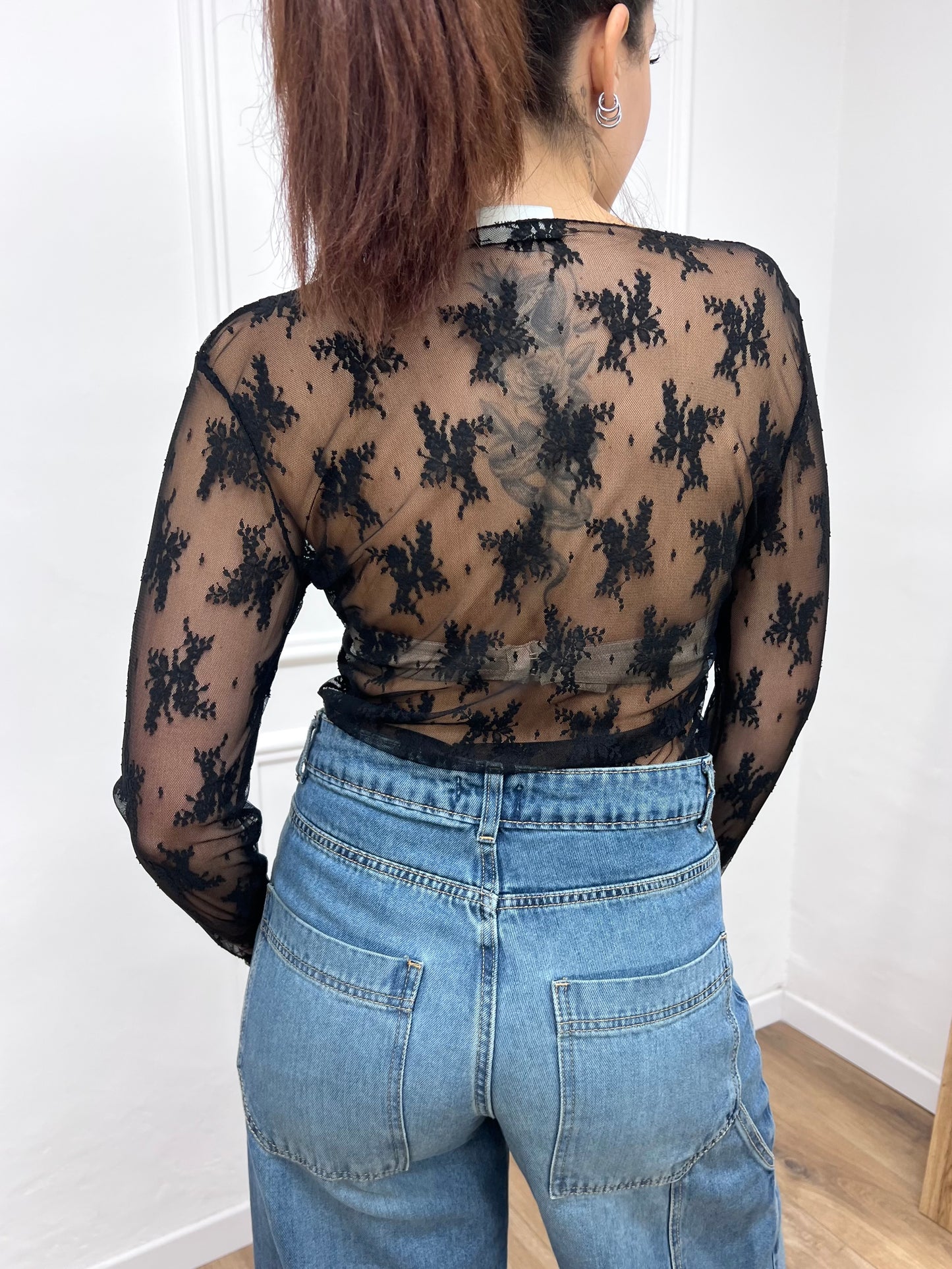 SUSY MIX MAGLIA PIZZO MANICOTTI ROBERTA NERO