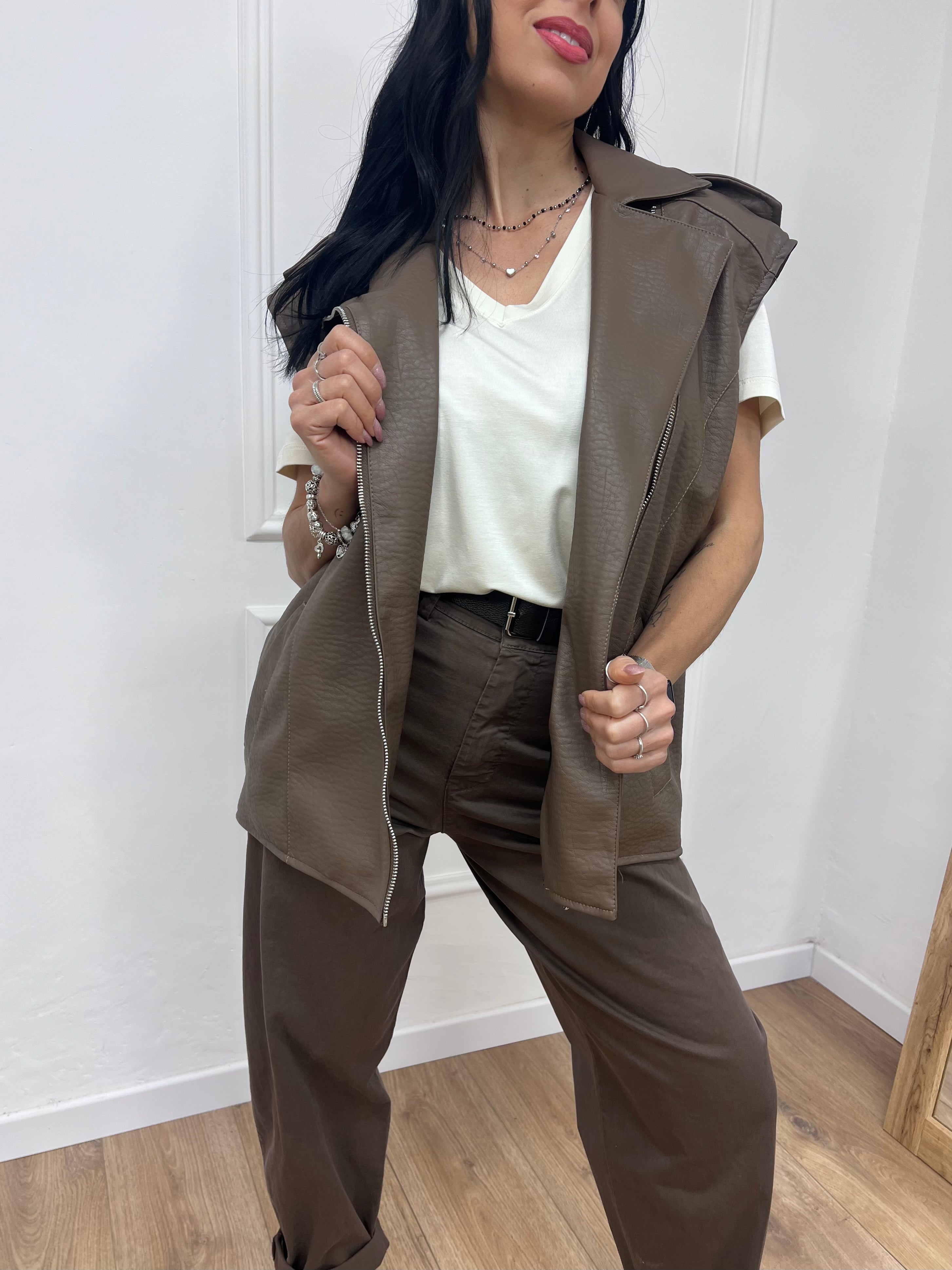 GILET ECOPELLE CERNIERA AMBRA FANGO SUSY MIX