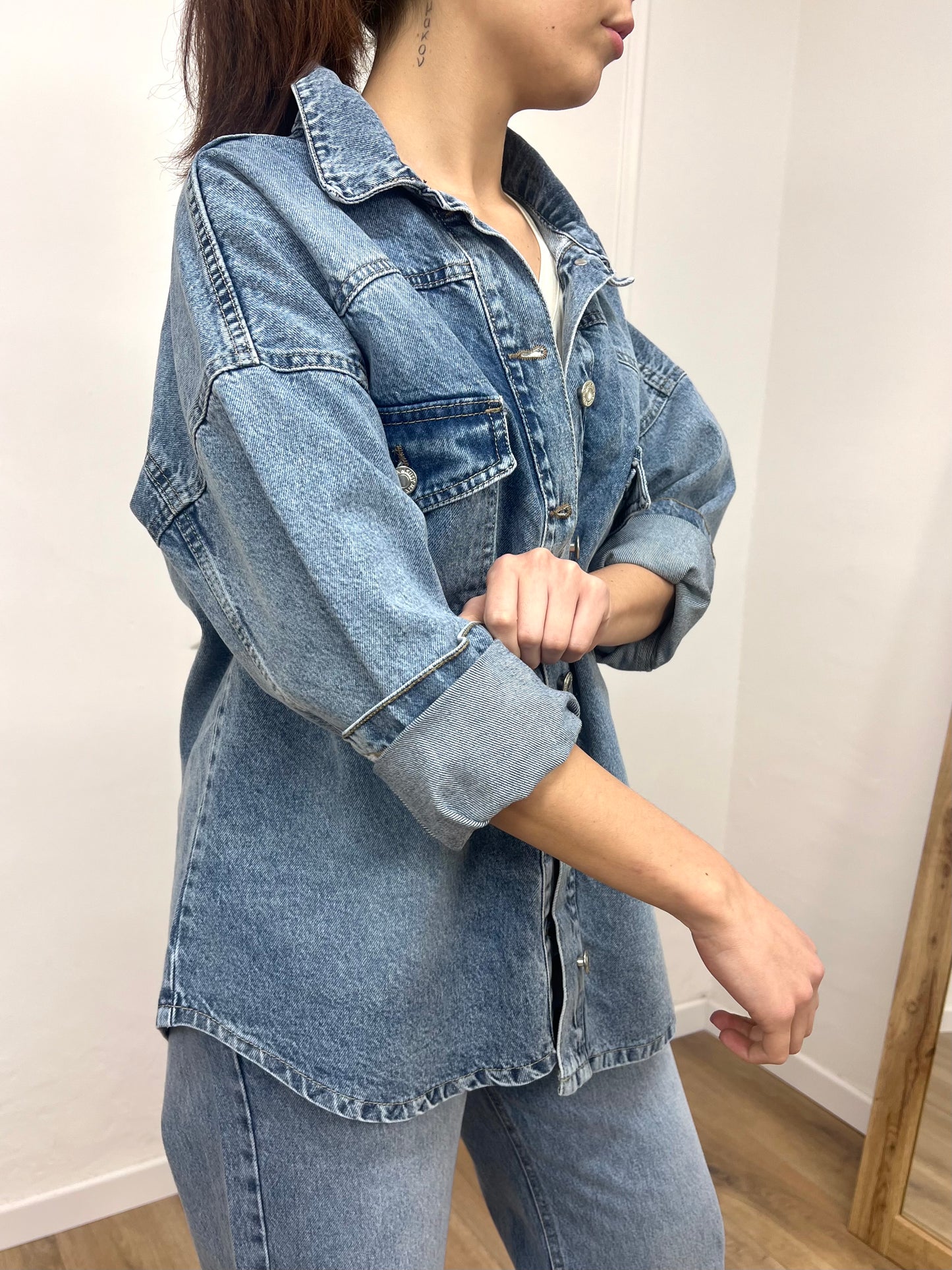 SUSY MIX GIACCA CAMICIA DENIM TASCHE ARIANNA LIGHT BLU