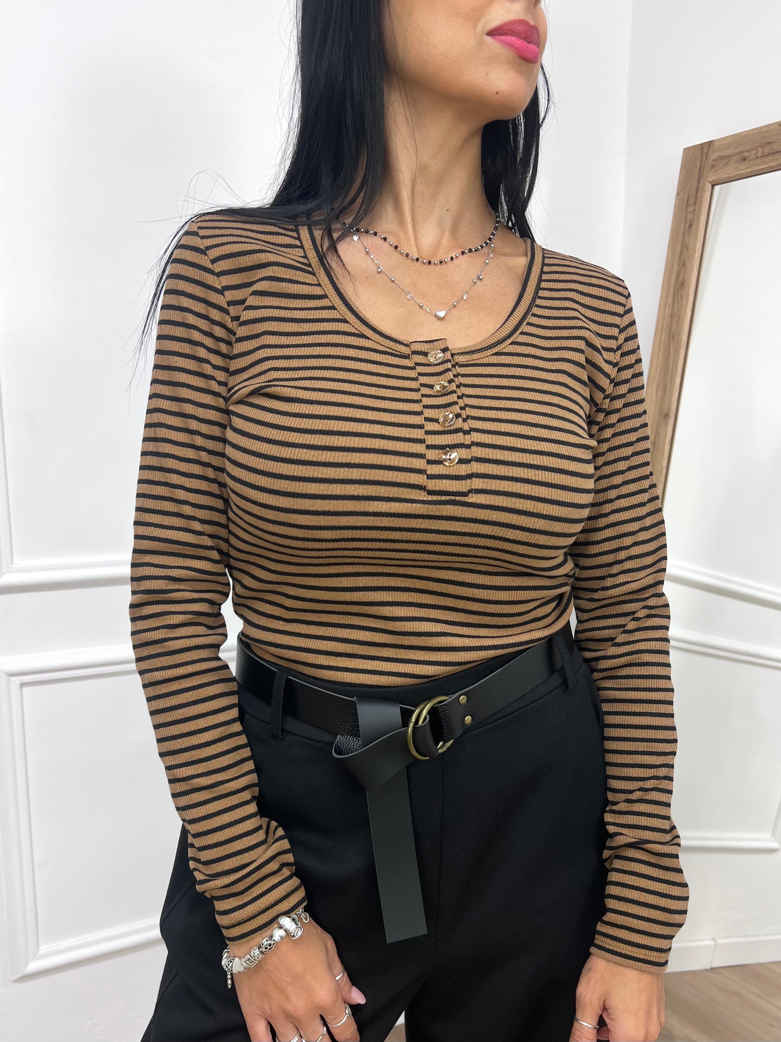 MAGLIA SERAFINO GIROCOLLO AMPIO RIGATA TABACCO SUSY MIX