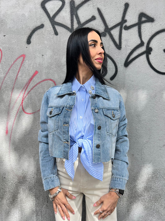GIUBBINO CROP DENIM SFRANGIATO TANIA BLUE