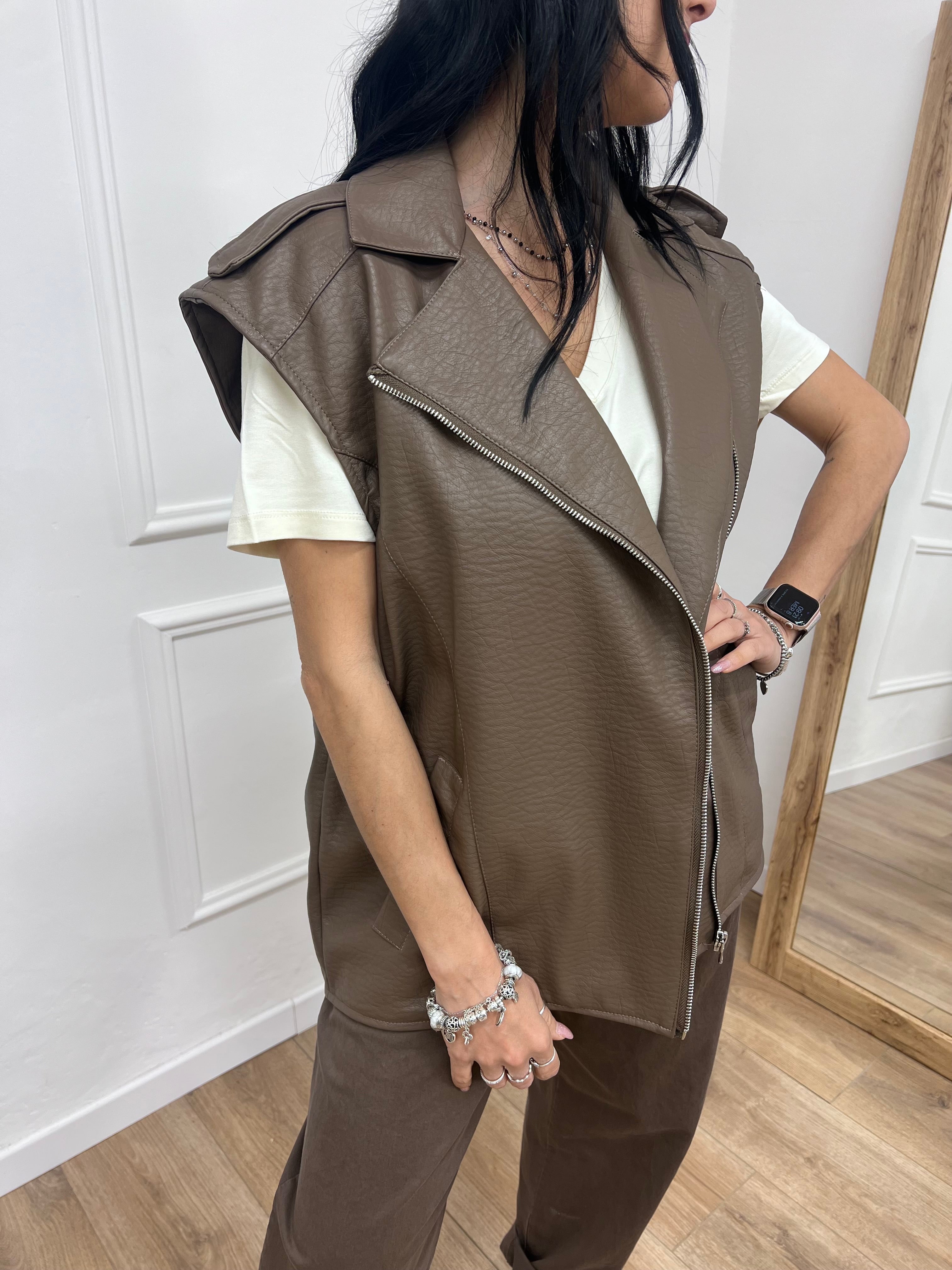 GILET ECOPELLE CERNIERA AMBRA FANGO SUSY MIX