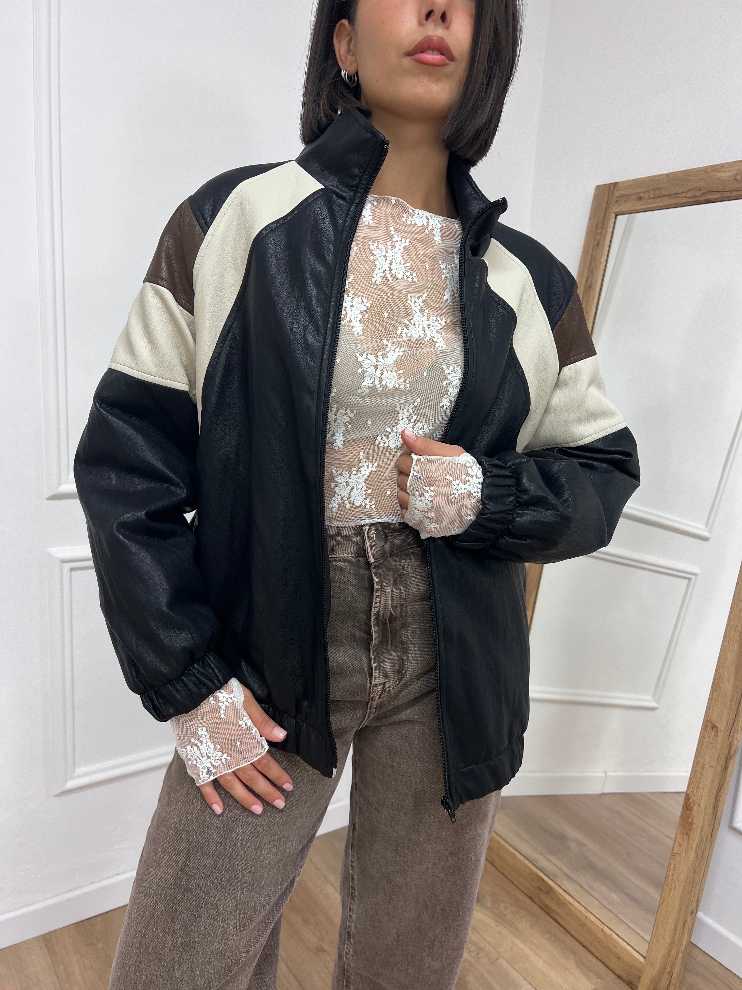 BOMBER LUNGO INSERTI TRE COLORI ADELE NERO SISY MIX