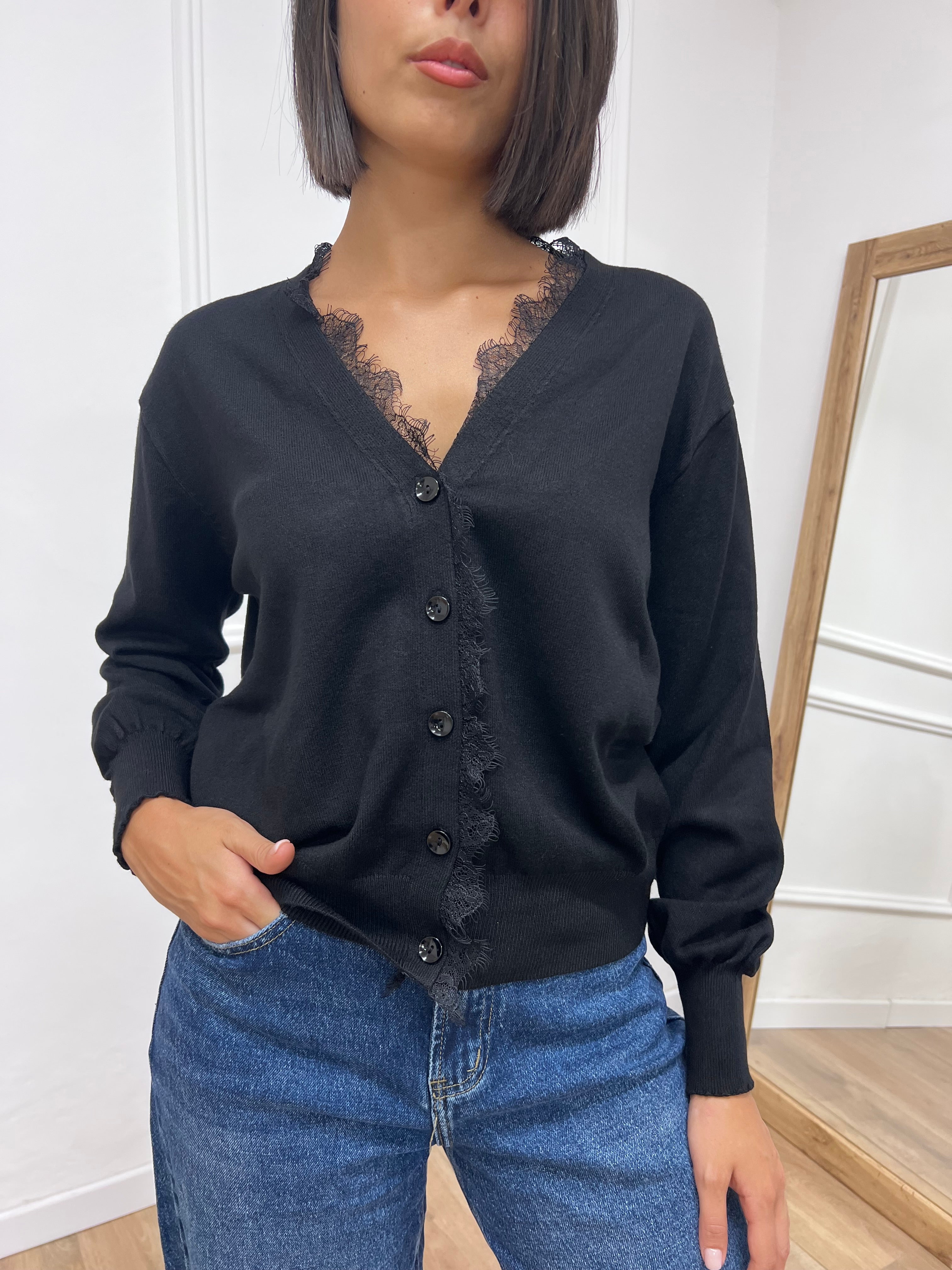 CARDIGAN SCOLLO V PROFILO PIZZO IDA NERO SUSY MIX