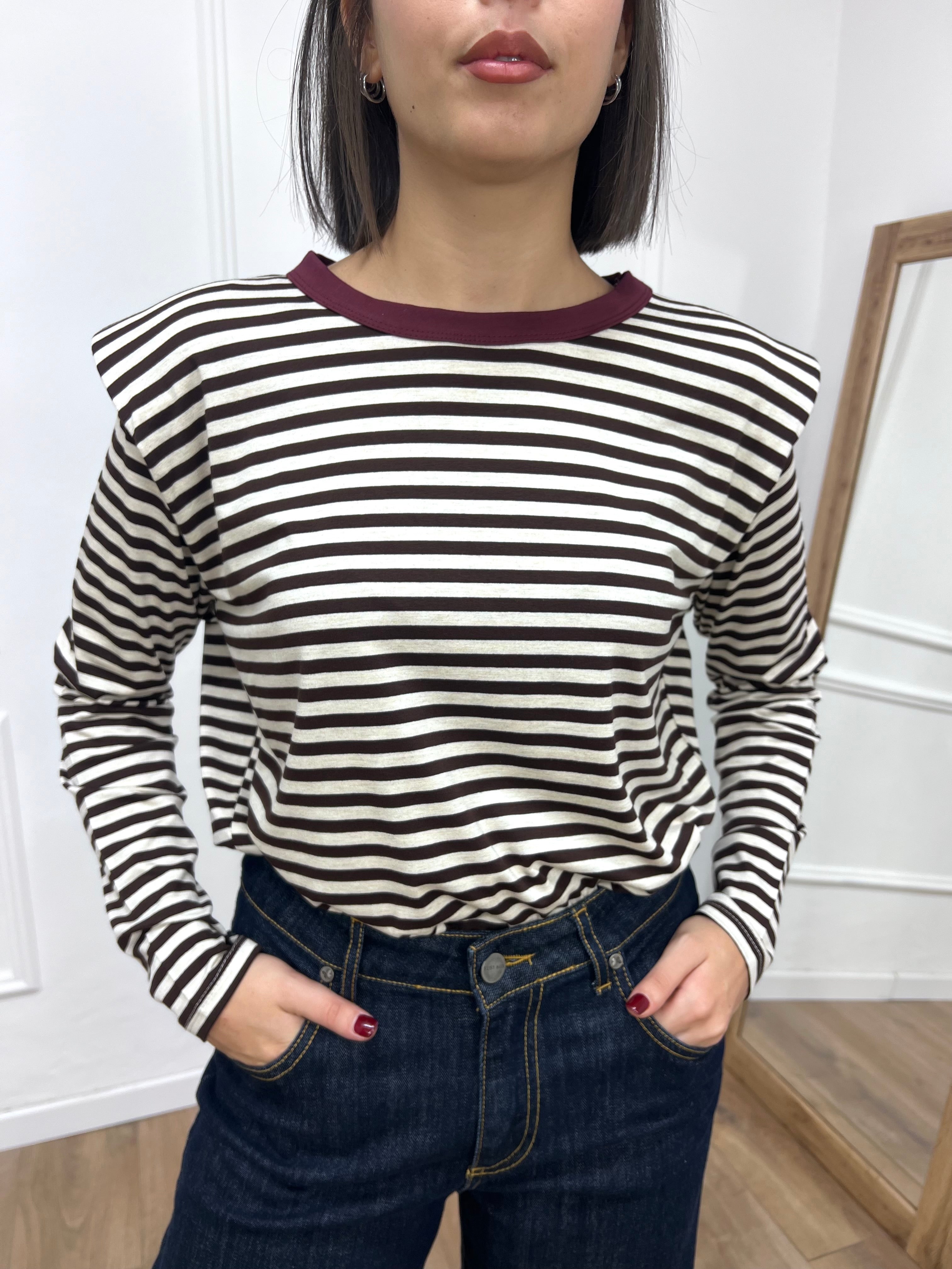 MAGLIA SPALLINE RIGATA COLLO CONTRASTO MORO SUSY MIX