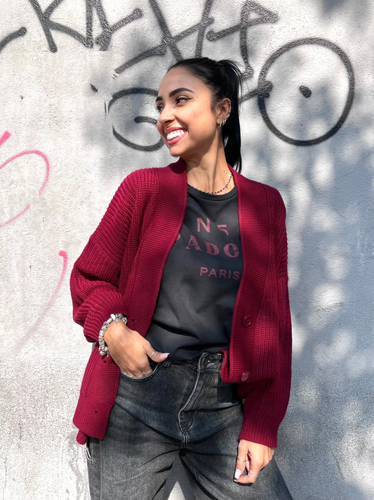 SUSY MIX CARDIGAN SCOLLO V BOTTONI YARI BURGUNDY