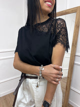 T-SHIRT M/C INSERTO PIZZO ROSITA NERO SUSY MIX
