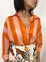 CAMICIA OVER MANICA 3/4 RIGATA ARANCIO ROSA
