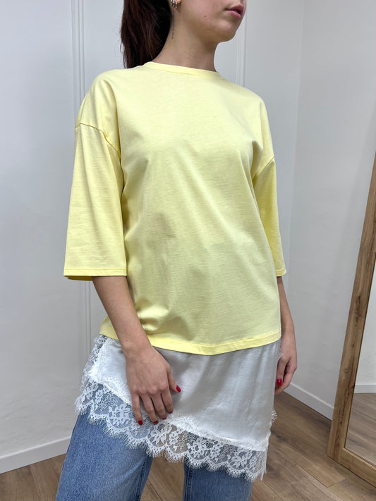 SUSY MIX MAGLIA T-SHIRT OVER CON PIZZO SATIN MARIKA GIALLO