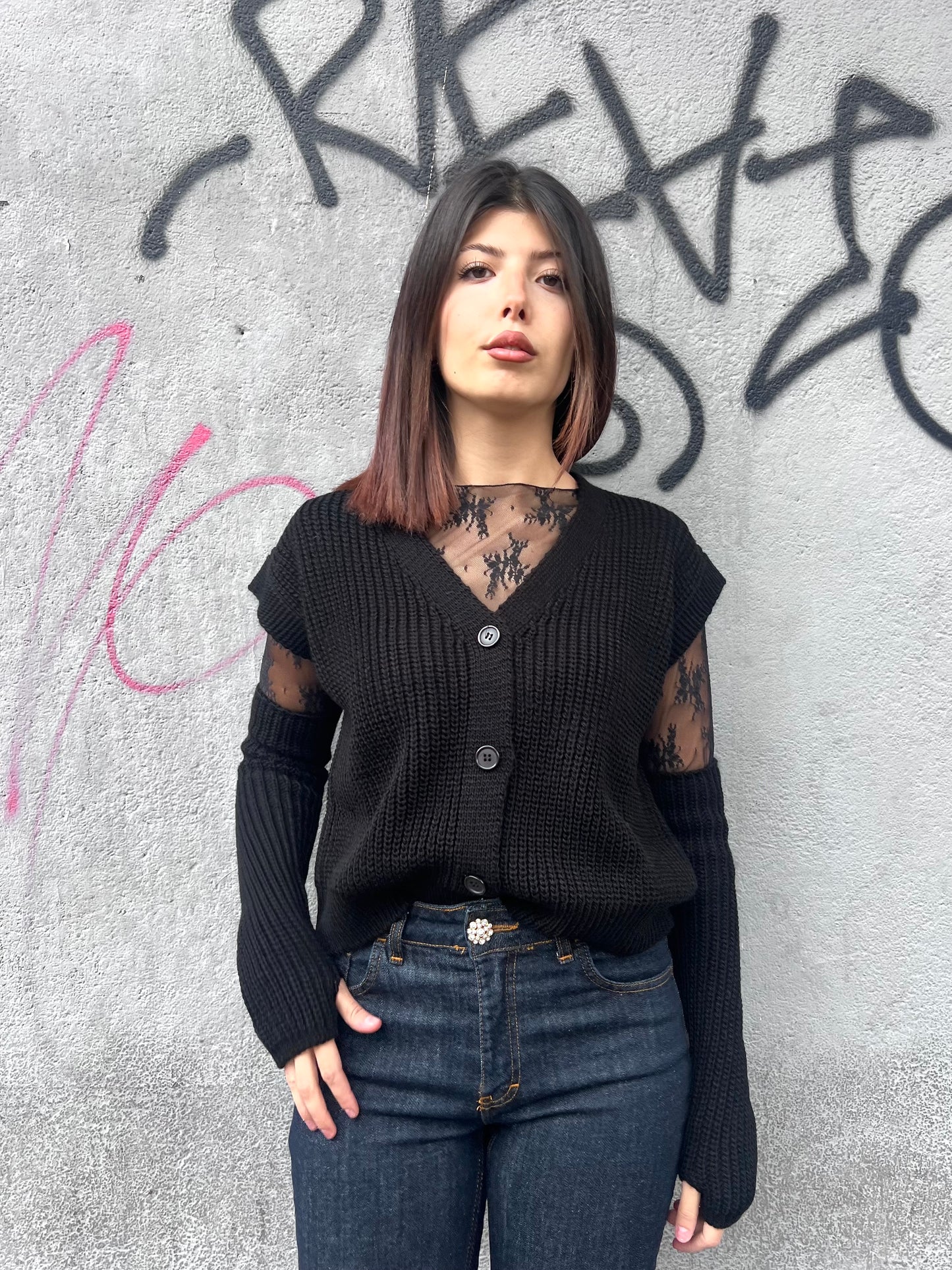 SUSY MIX GILET BOTTONI CON MANICOTTI BRIDGET NERO