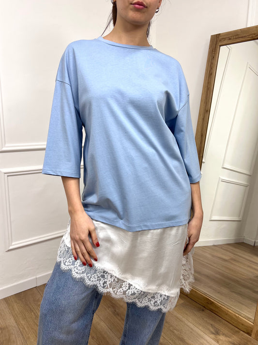 SUSY MIX MAGLIA T-SHIRT OVER CON PIZZO SATIN MARIKA CIELO