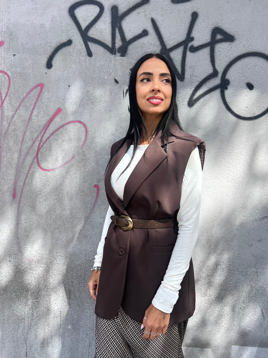SUSY MIX GILET LUNGO OVER UN BOTTONE LORET CIOCCOLATO
