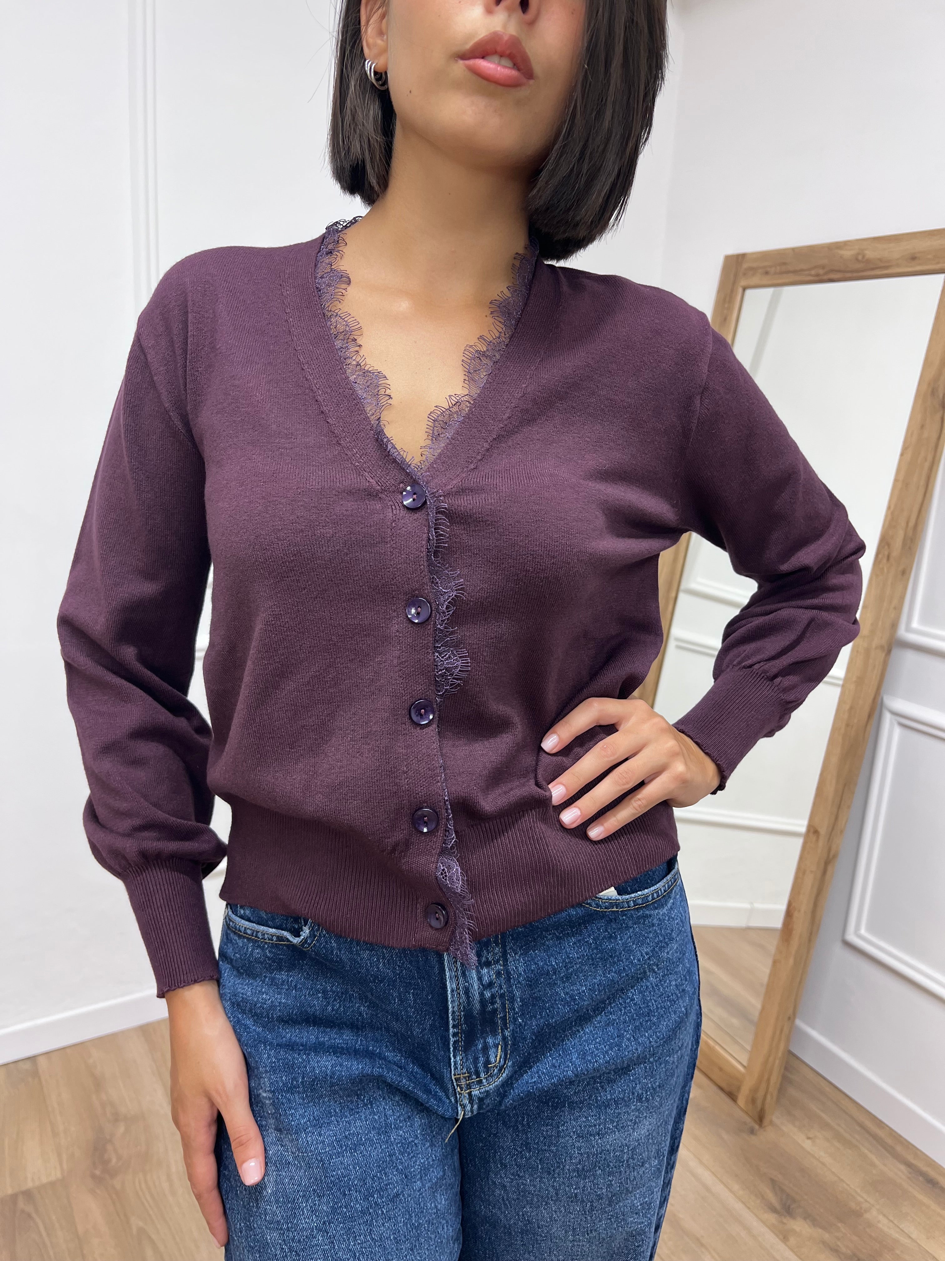 CARDIGAN SCOLLO V PROFILO PIZZO IDA VINO SUSY MIX