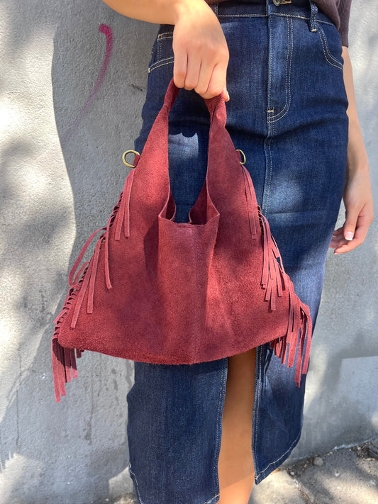 BORSA MINI SAC PELLE SUEDE CON FRANGE DEVA BURGUNDY