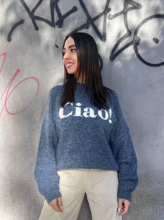 SUSY MIX MAGLIONCINO GIRO SCATOLETTA “CIAO!” DENIM