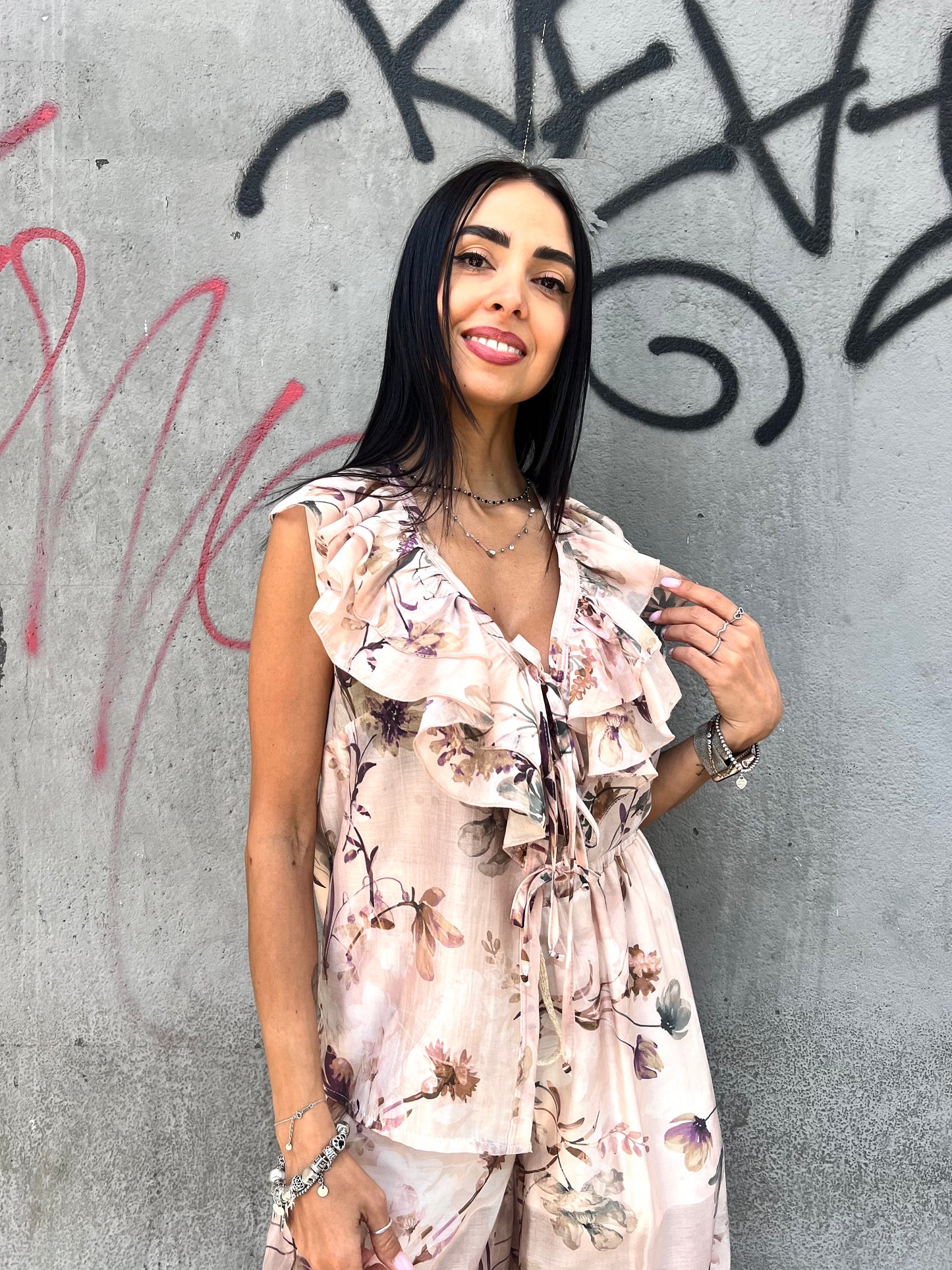 SUSY MIX TOP GILET ROUCHES FANTASIA ROMANTICA ROSA