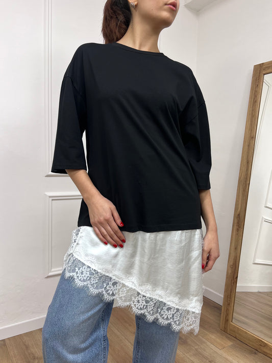 SUSY MIX MAGLIA T-SHIRT OVER CON PIZZO SATIN MARIKA NERO