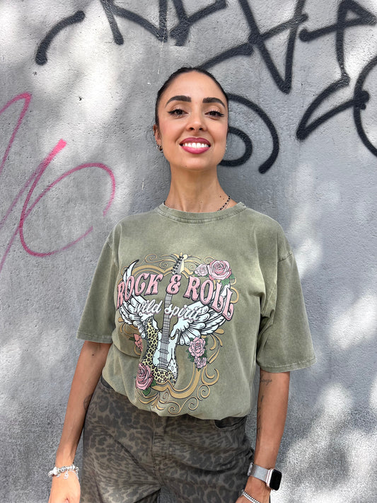 T-SHIRT M/M EFFETTO SLAVATO “ROCK ROLL” MILITARE